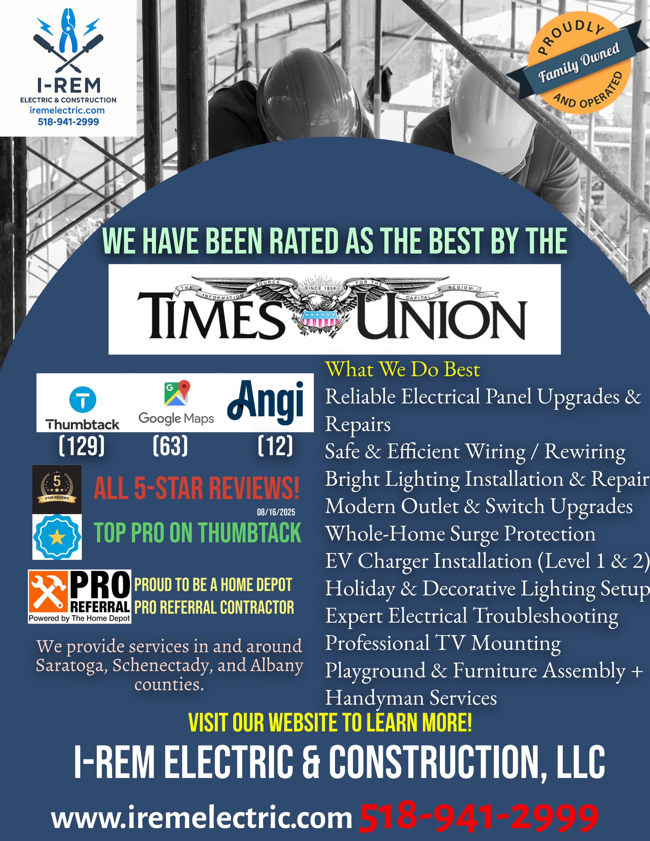 I-ReM Electric & Construction recognition and 5-star review badges from Thumbtack, Google, and Angi, as featured by the Times Union