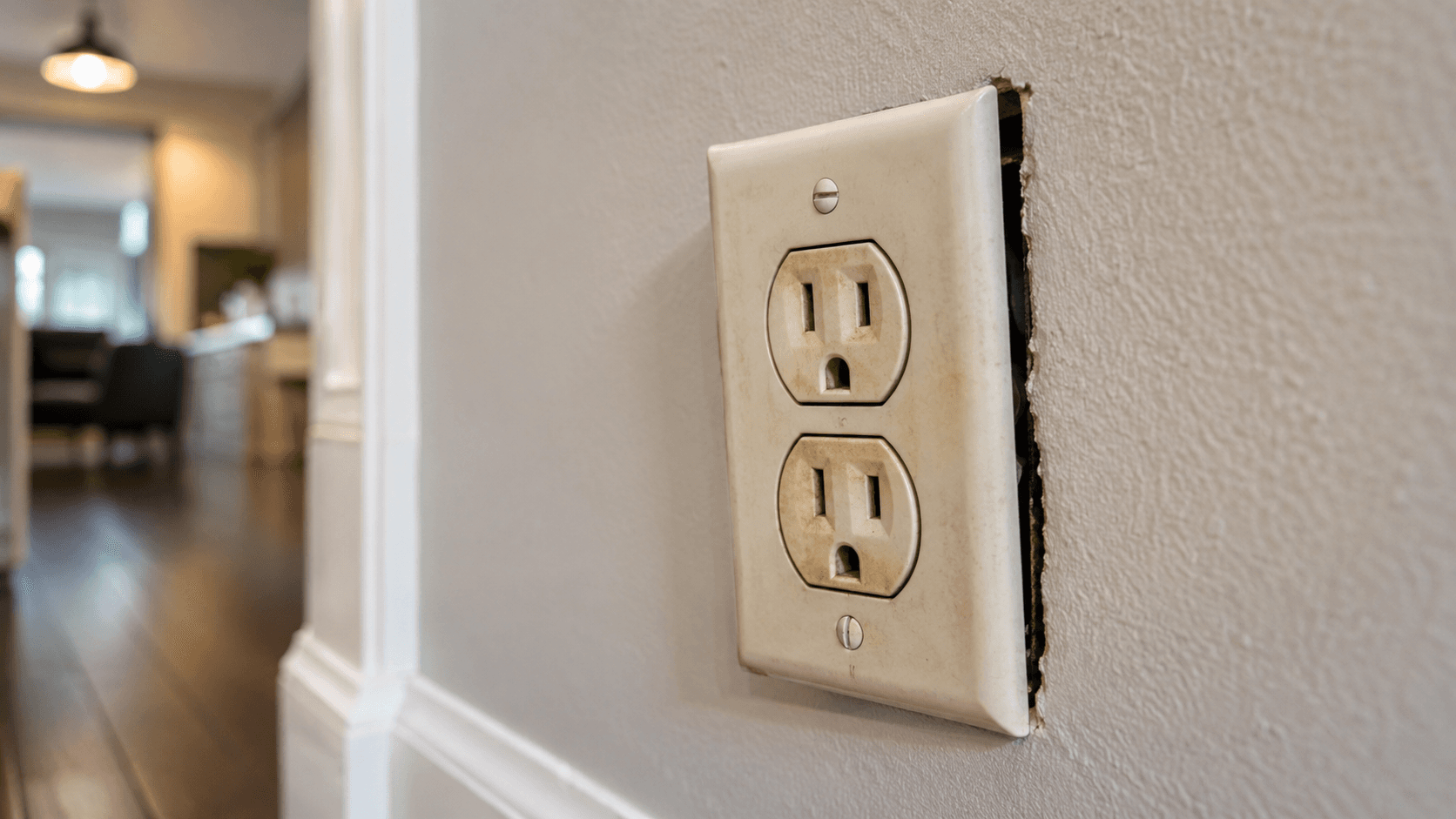 Close-up of a worn, discolored electrical outlet showing signs of wear and a potential safety hazard