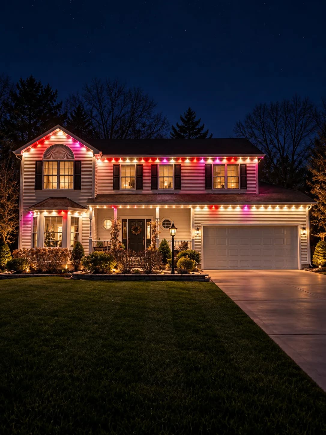 Ai Rendered Red Pink Holiday Lighting Colonial Home Night