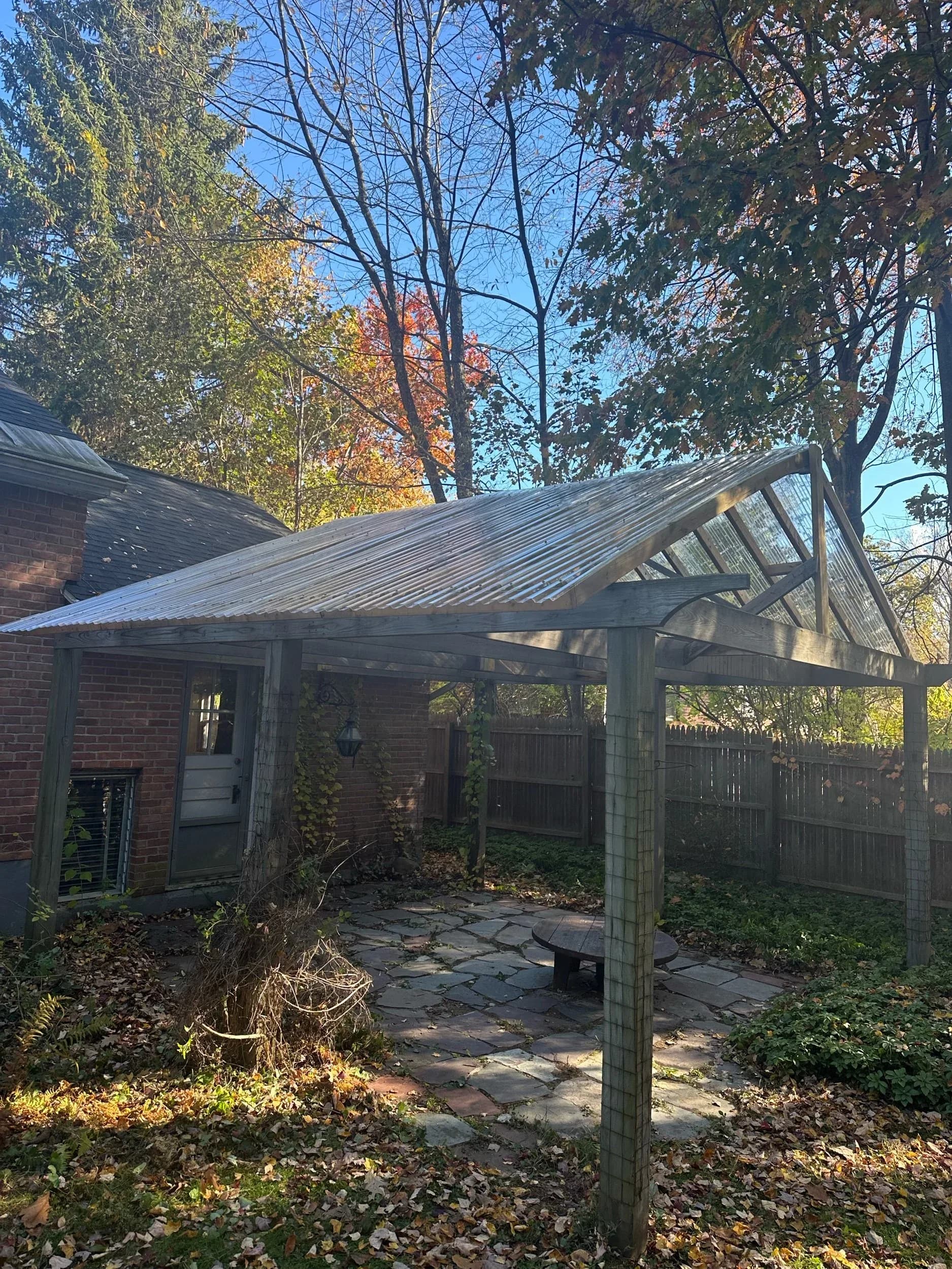 Backyard Wood Pergola Corrugated Roof Frame Front View
