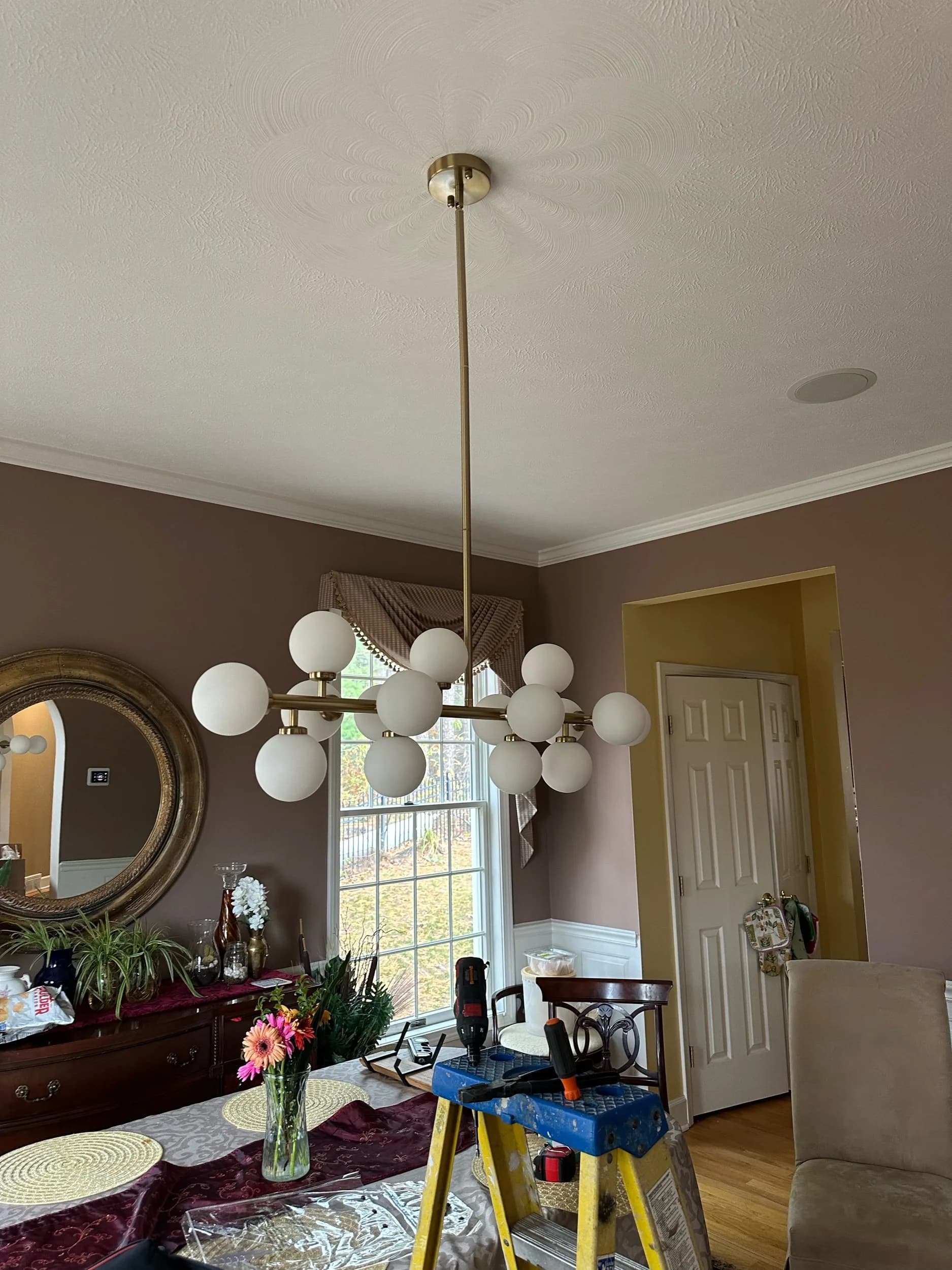 Brass Globe Chandelier Dining Room Install 2