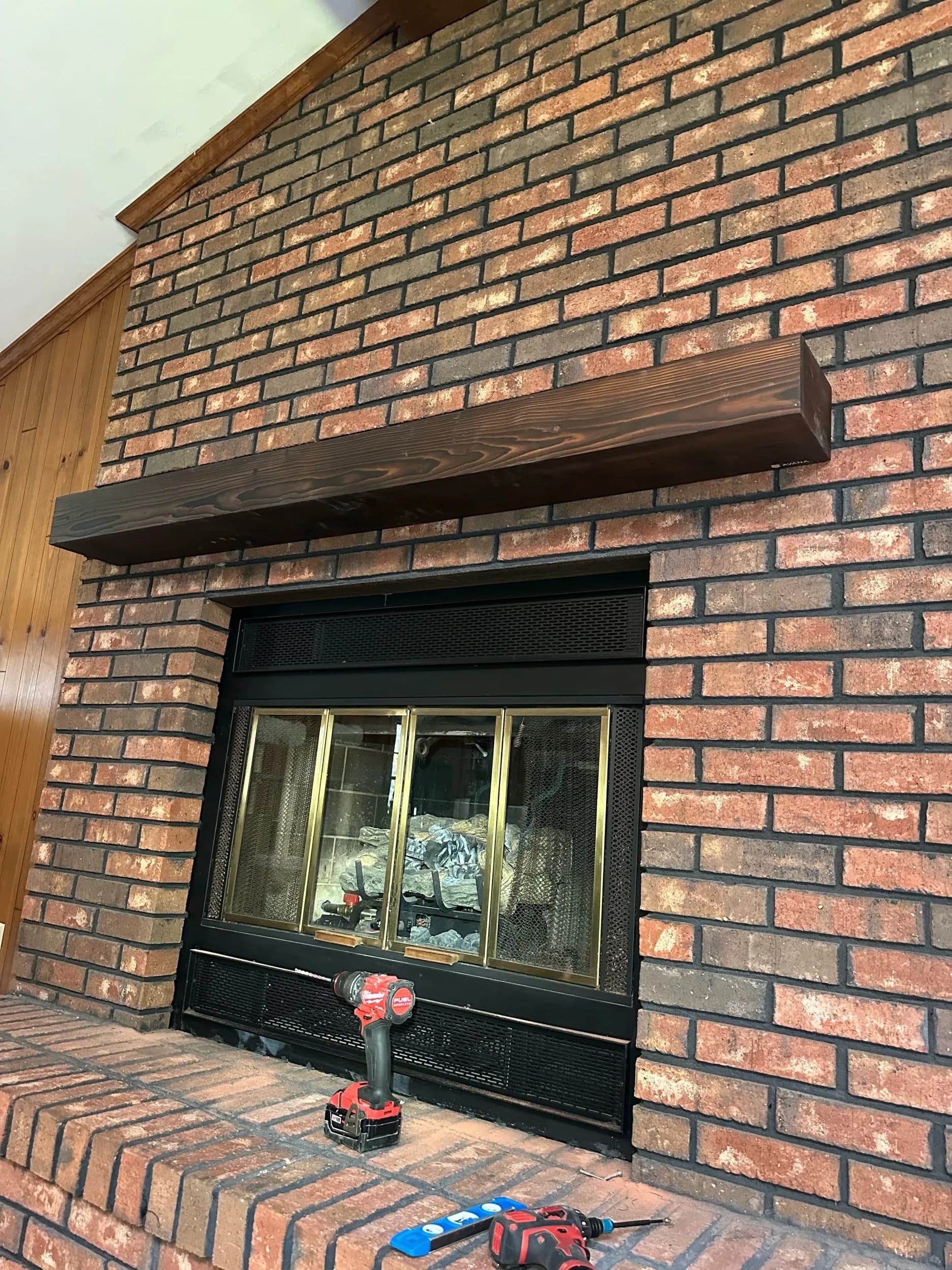 Brick Fireplace TV Mount Install Wood Mantel Beam