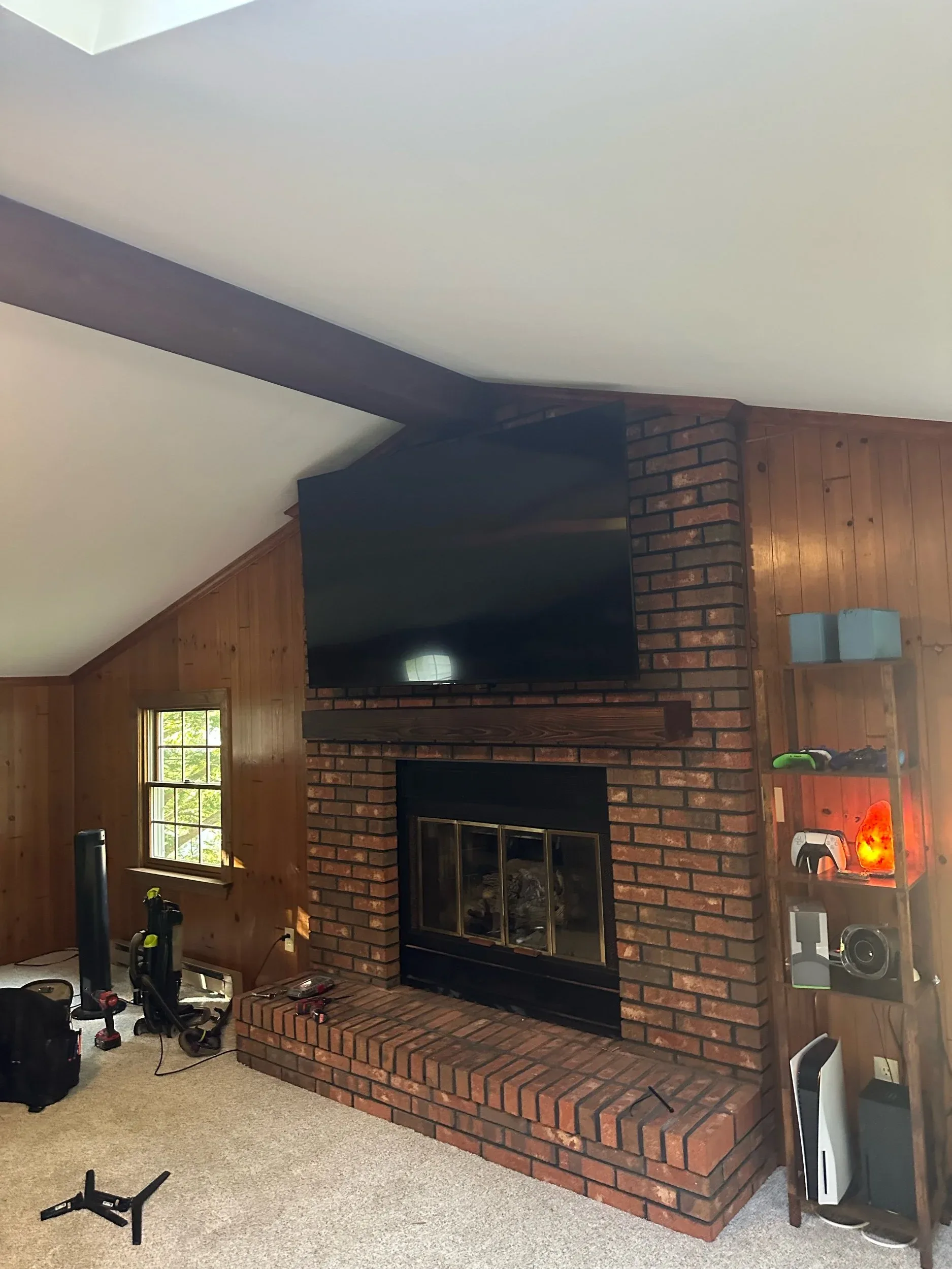 Cathedral Ceiling Living Room TV Above Fireplace Wide