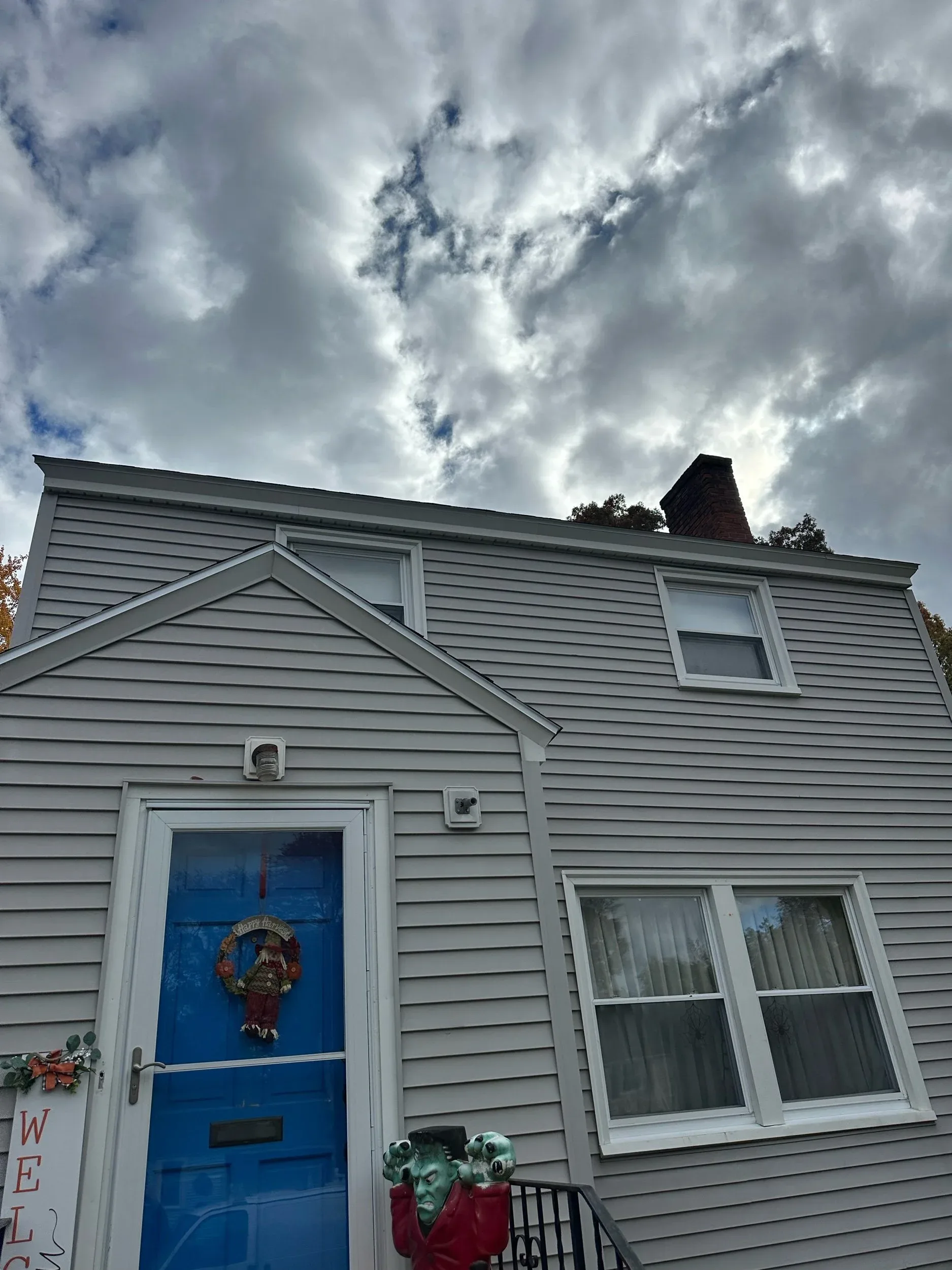 Colonial Home Blue Door Chimney Before Shutters