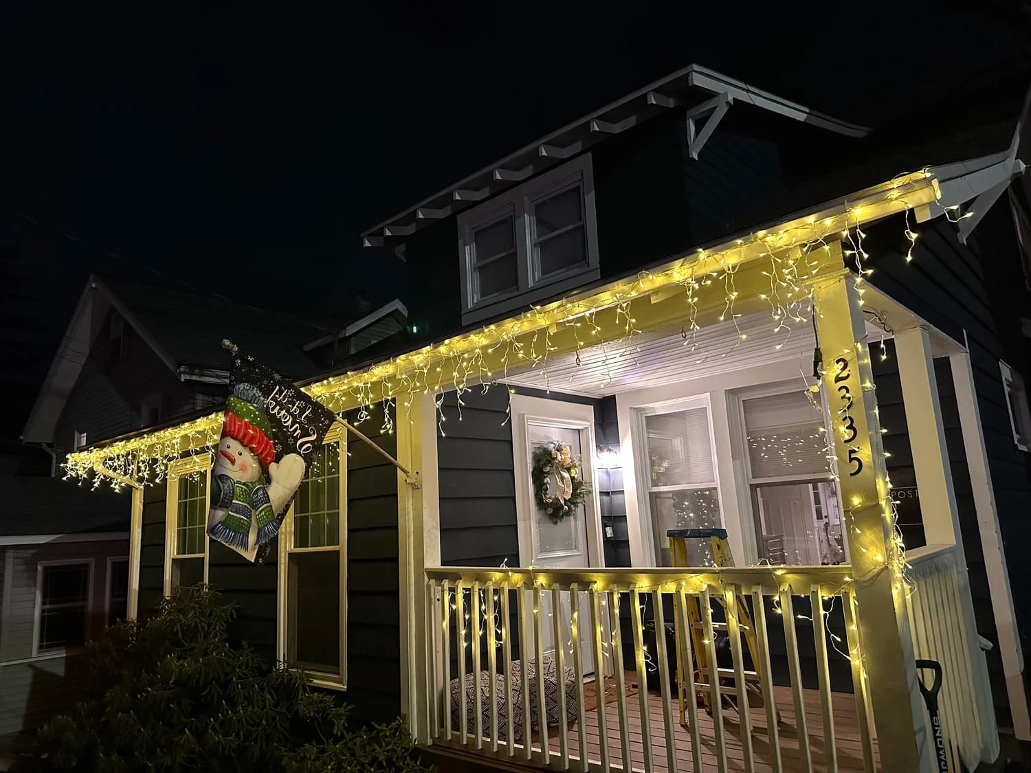 Craftsman Porch Icicle Lights Installation Night Wide Angle