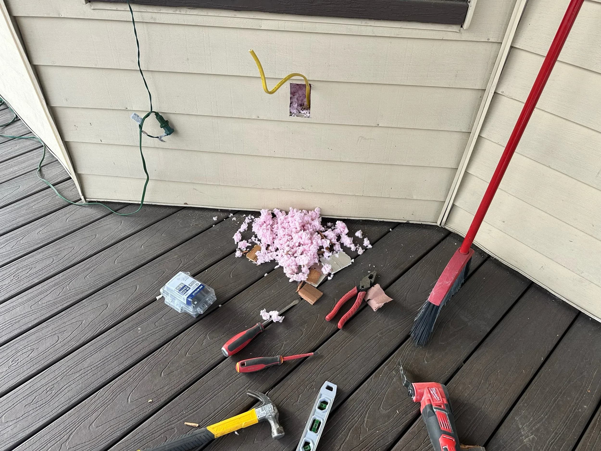 Exterior Outlet Rough In Hole Insulation Removed Deck