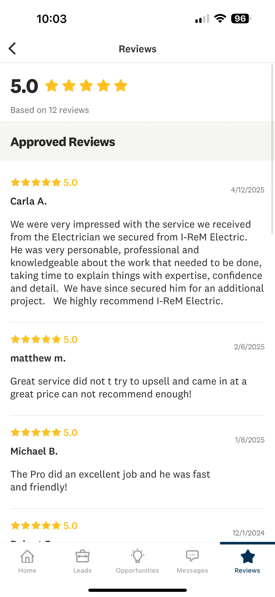 Five Star Customer Reviews Screenshot I Rem Electric