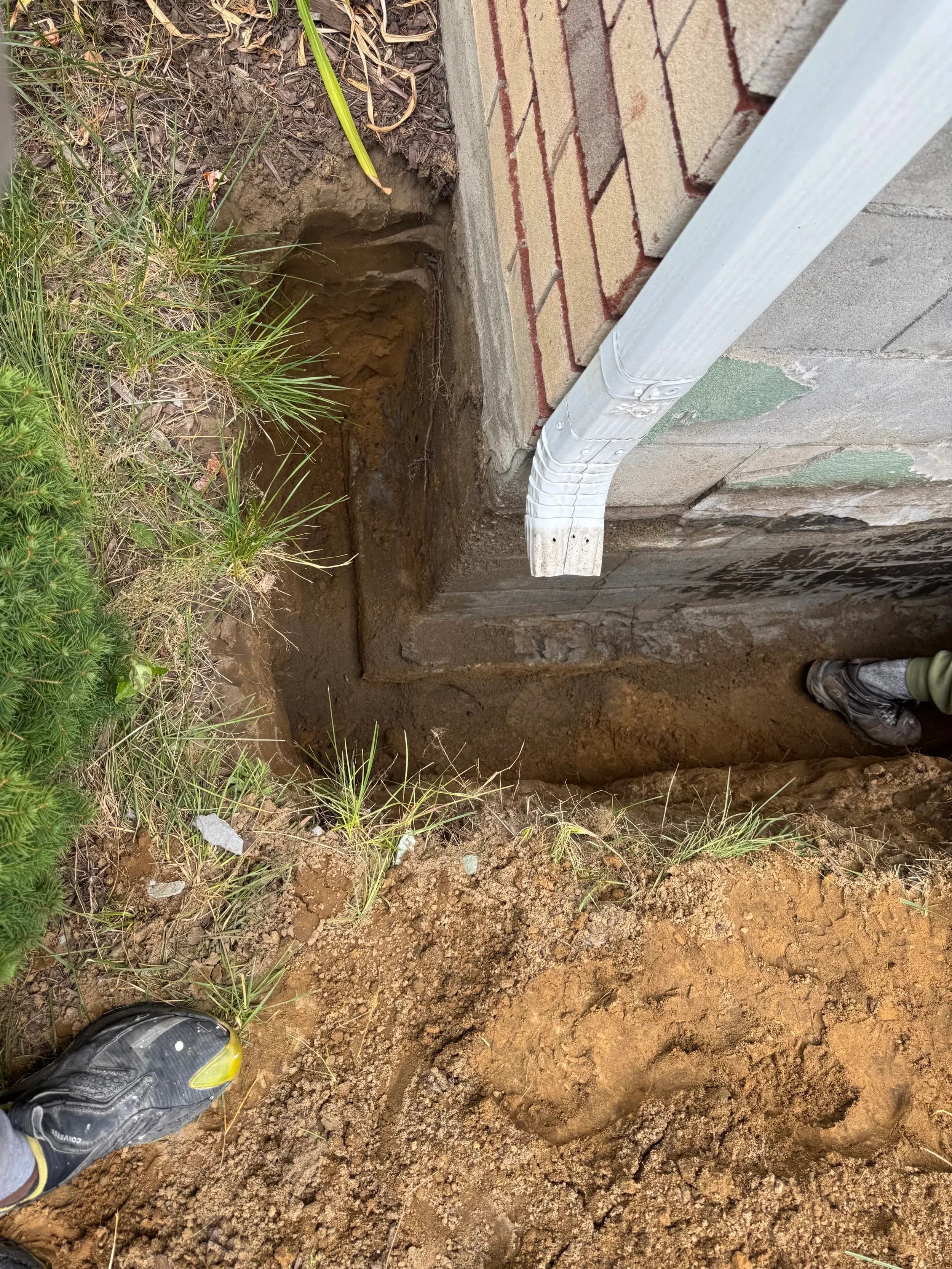 Foundation Corner Trench Brick New Downspout Elbow