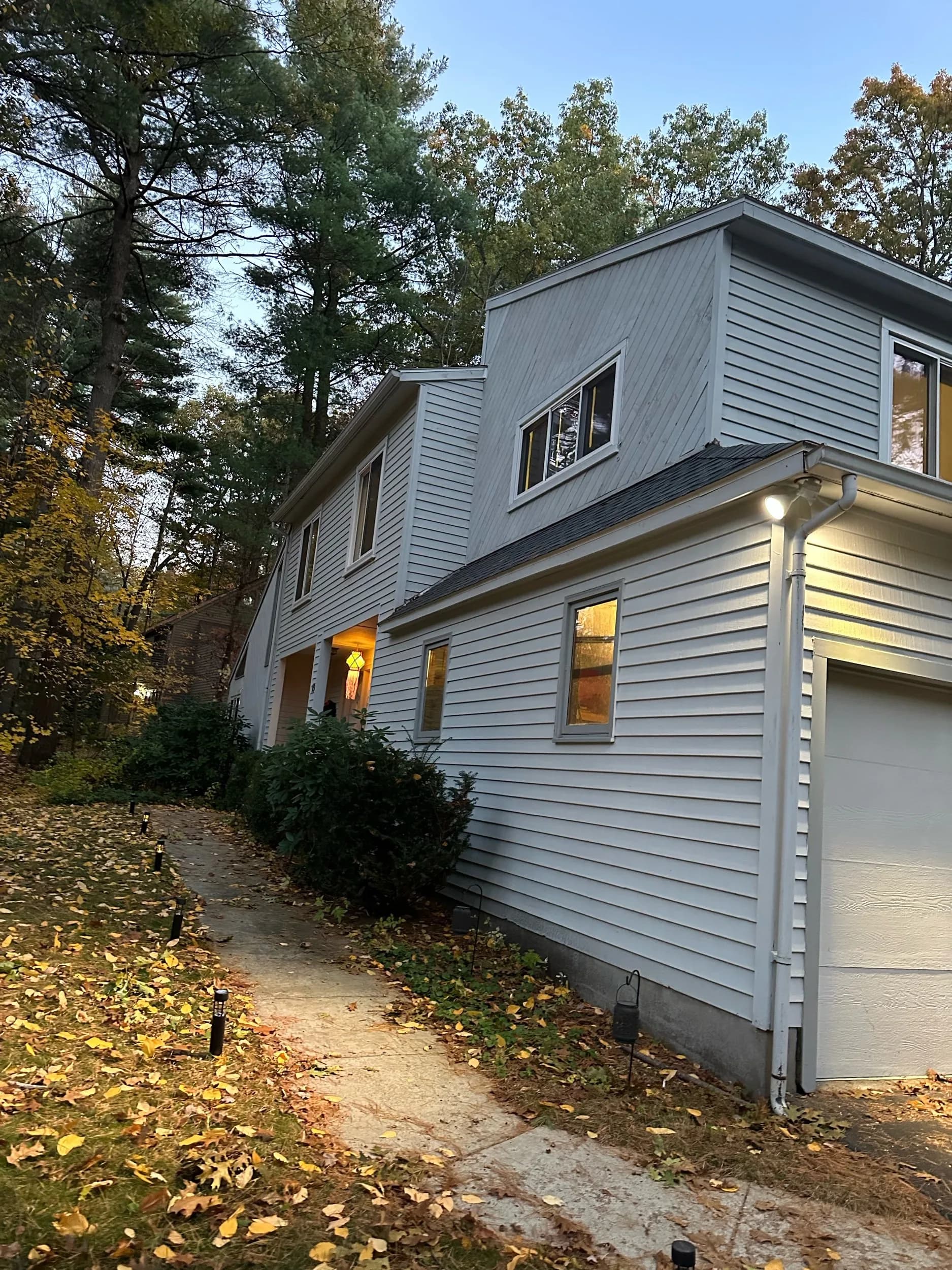 Garage Exterior Floodlight Install Dusk Colonial Home