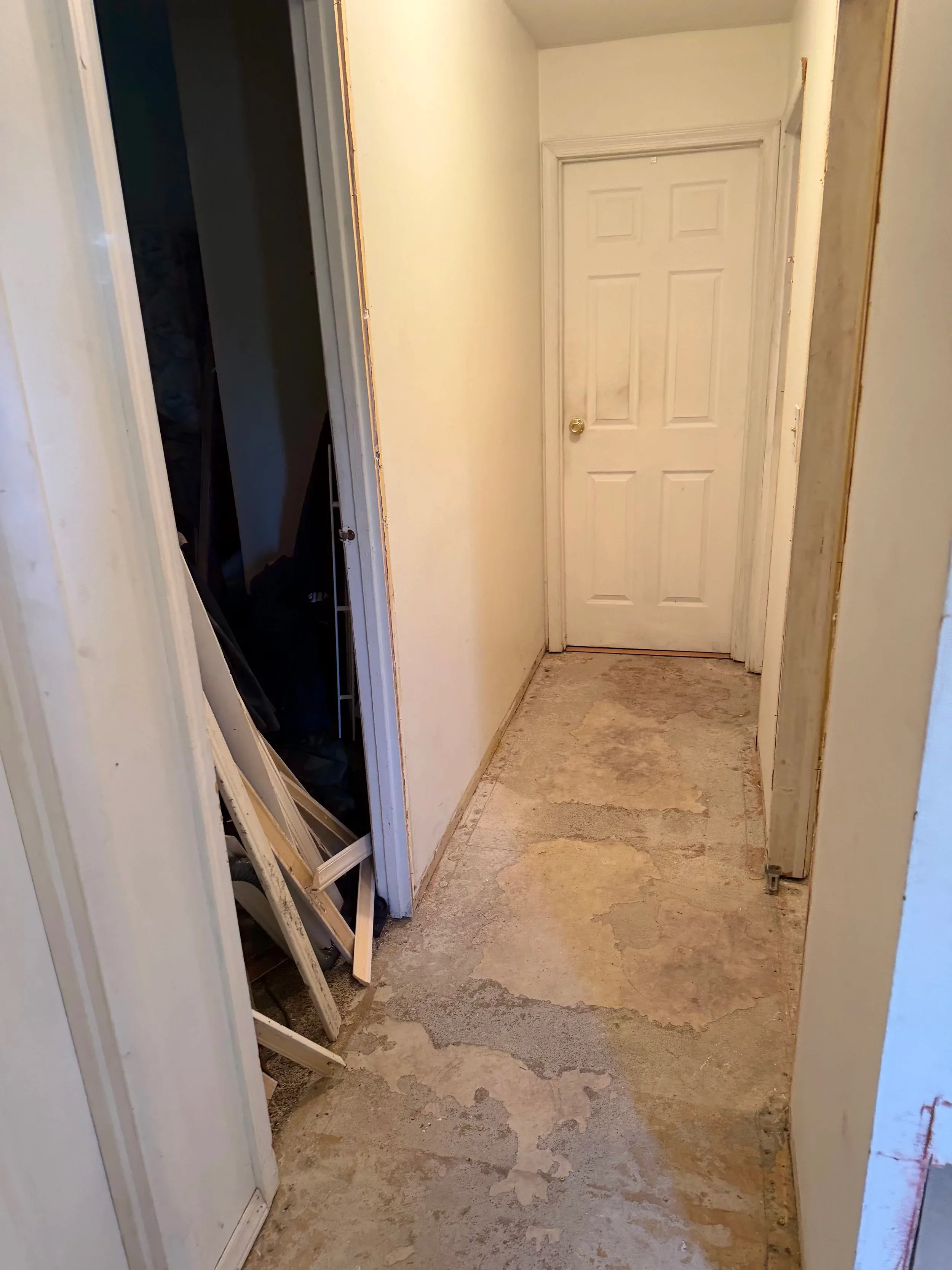 Hallway Exposed Subfloor Water Damage Patches White Door