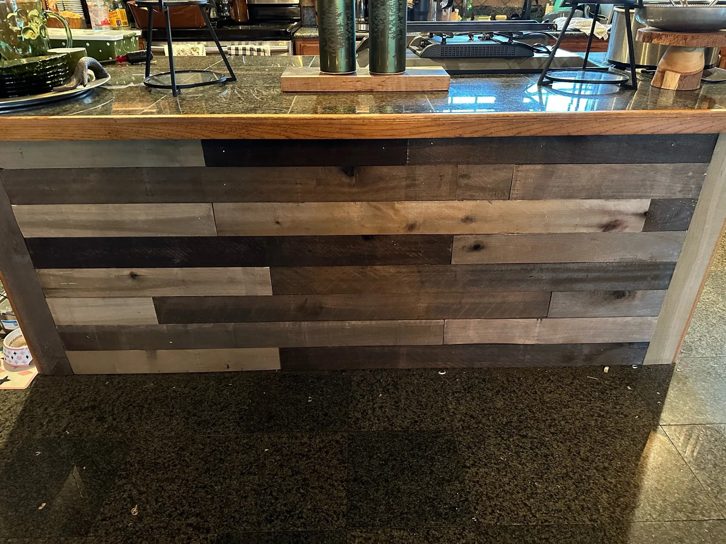 Kitchen Island Reclaimed Wood Accent Wall Installation