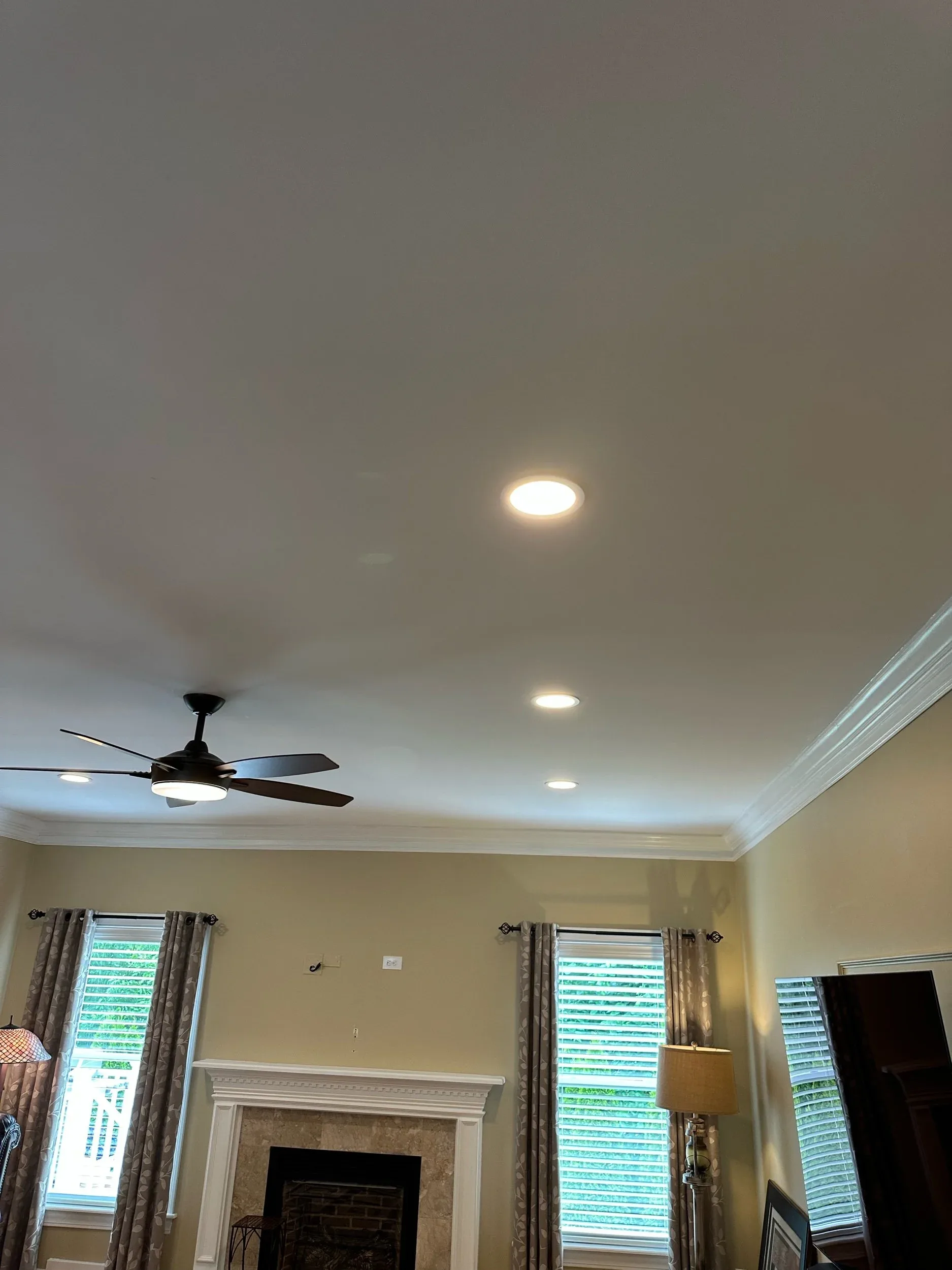 Living Room Ceiling Fan Recessed Lighting Fireplace Seating Area