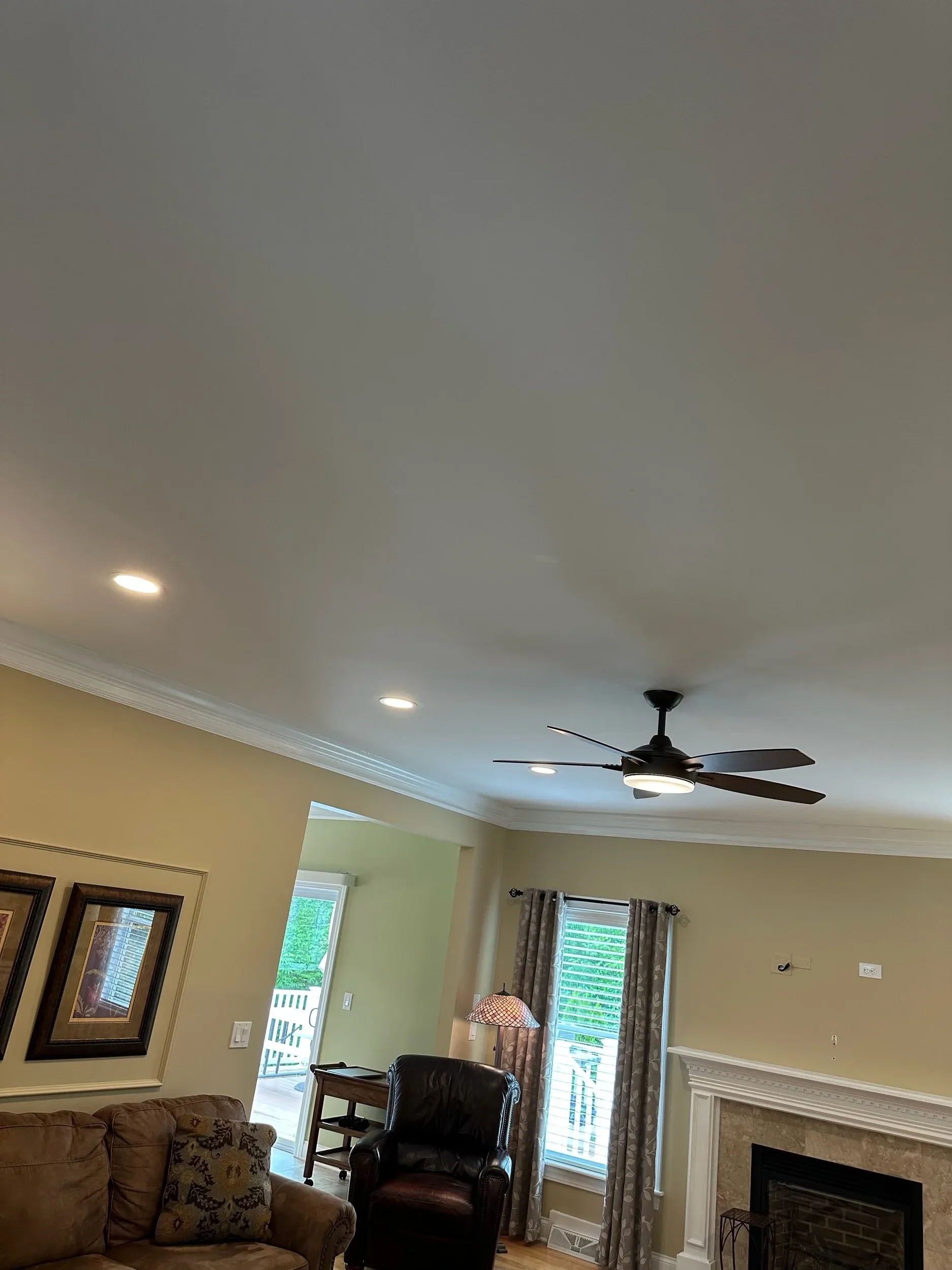 Living Room Ceiling Fan Recessed Lighting Installation Wide View
