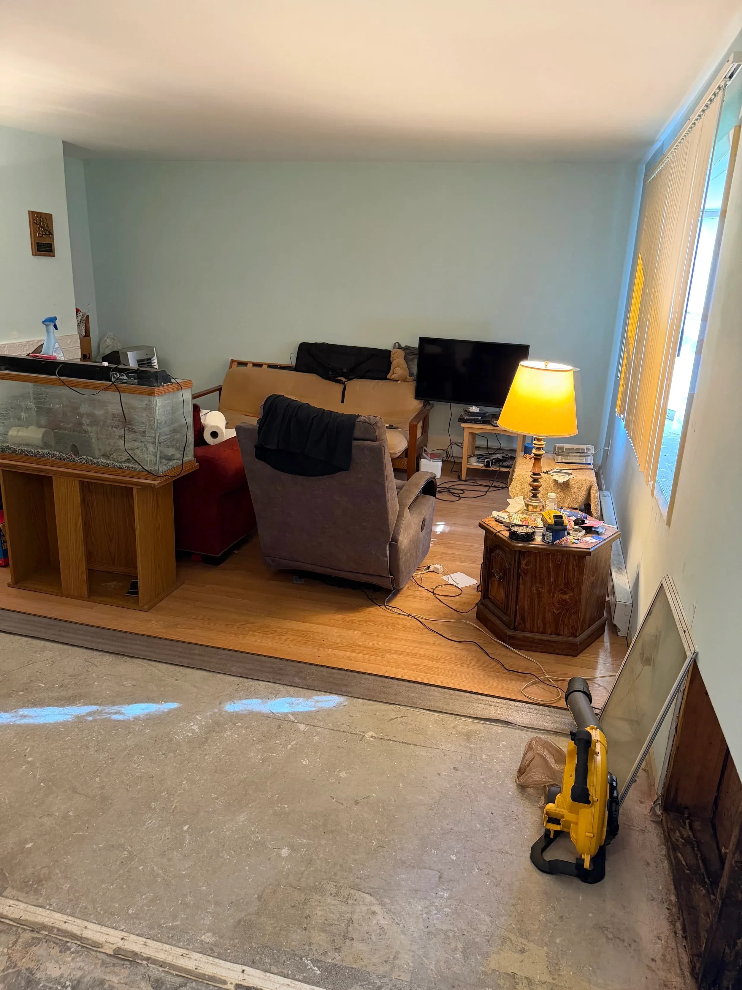 Living Room Renovation Subfloor Removed Furniture Fish Tank