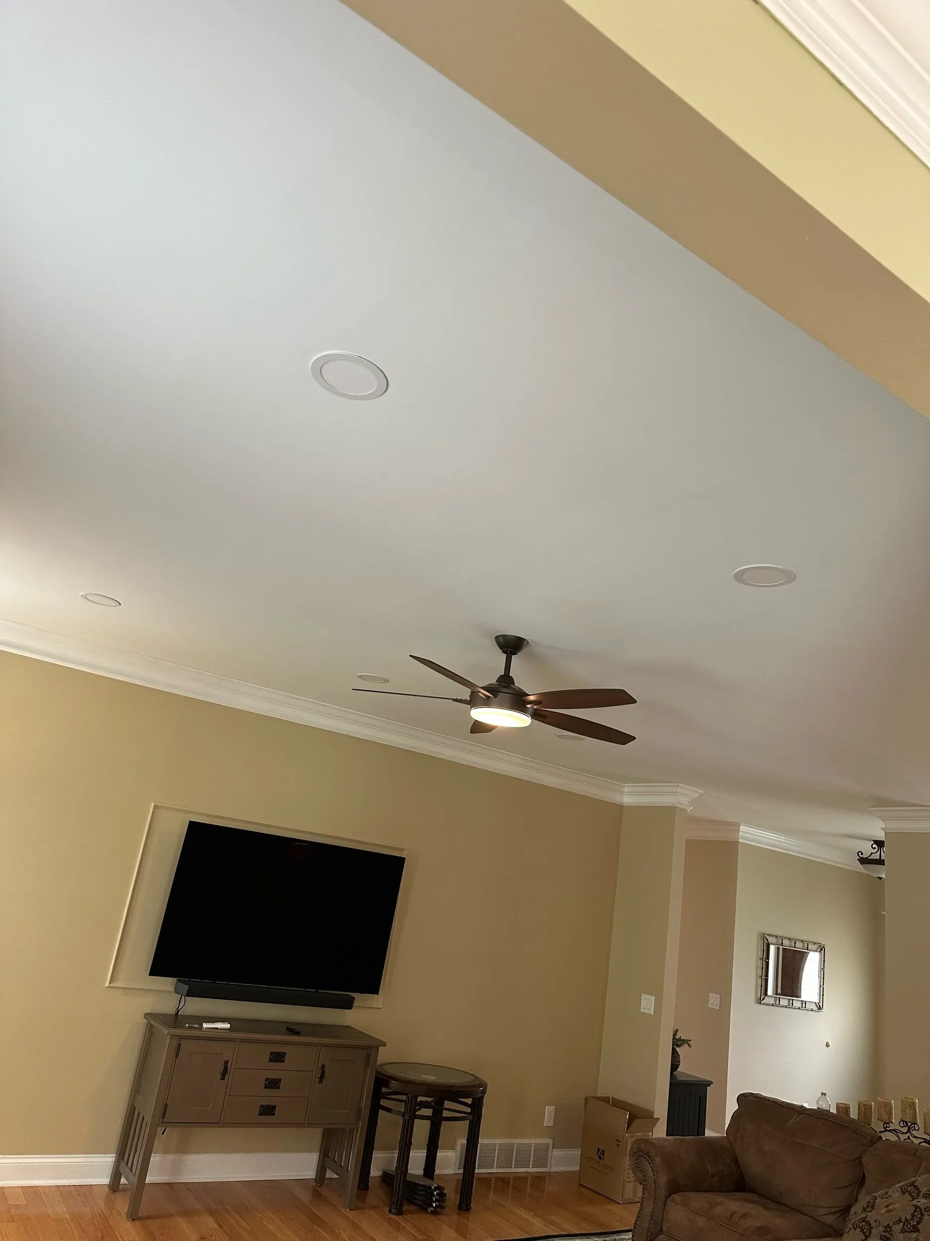 Living Room Vaulted Ceiling Fan Recessed Lighting TV Wall