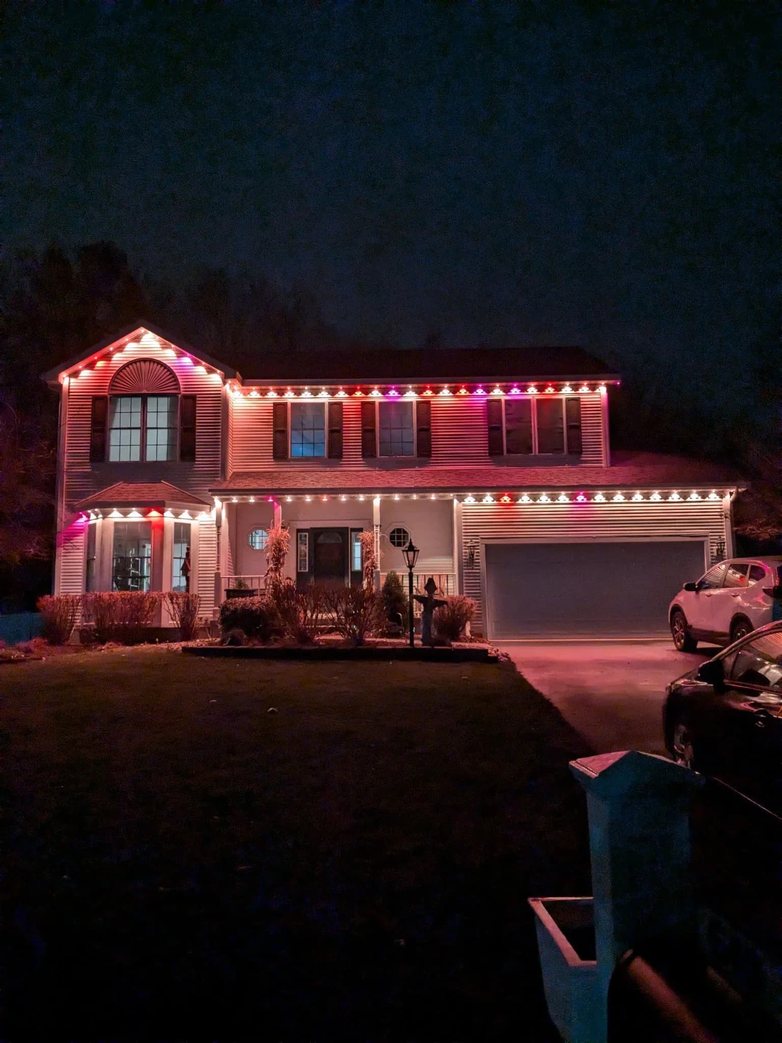 Pink White Permanent Holiday Lighting Colonial Home Wide