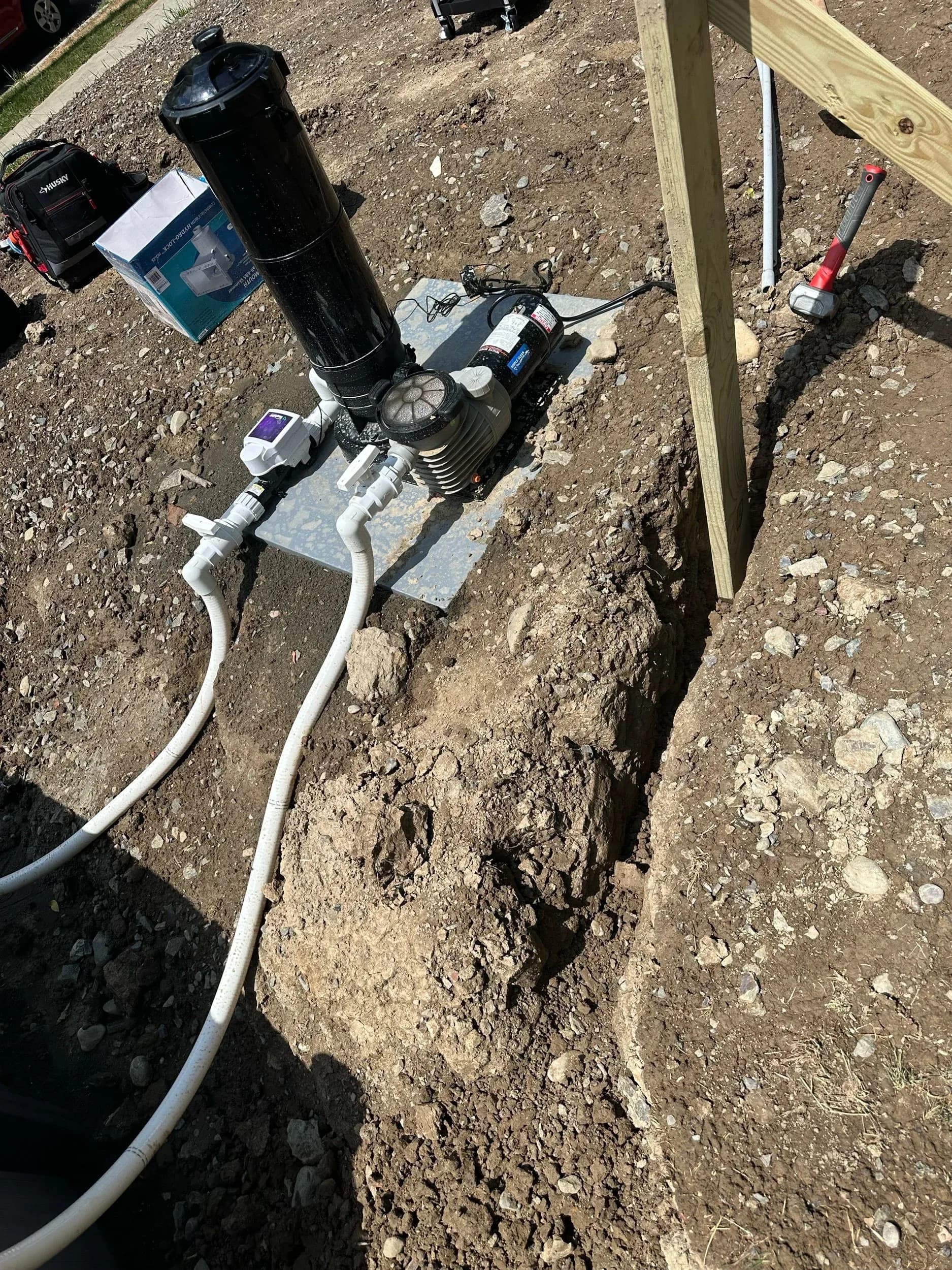 Pool Pump Filter Closeup On Equipment Pad Trench