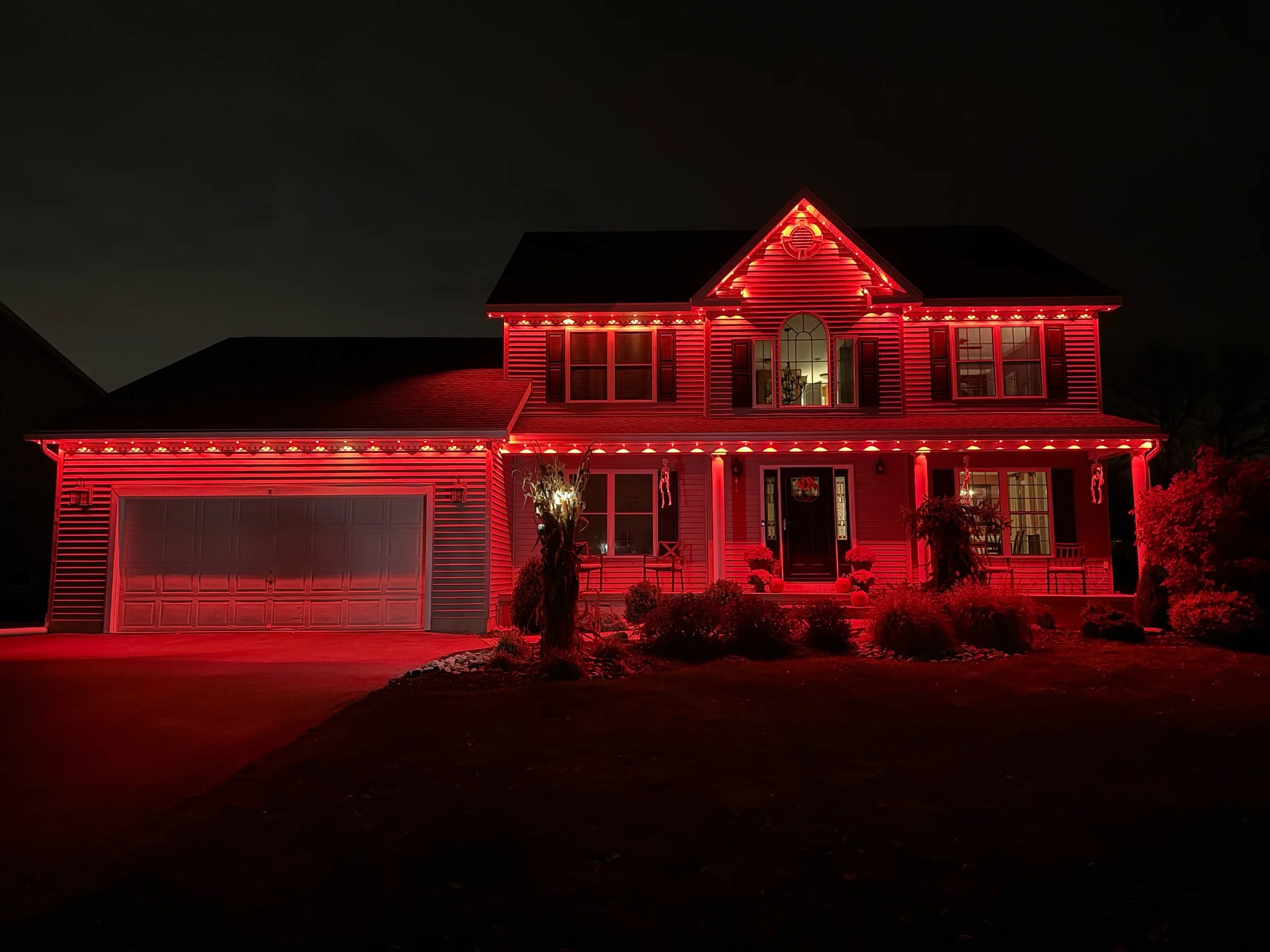 Red Permanent Lighting Front Porch Closeup View