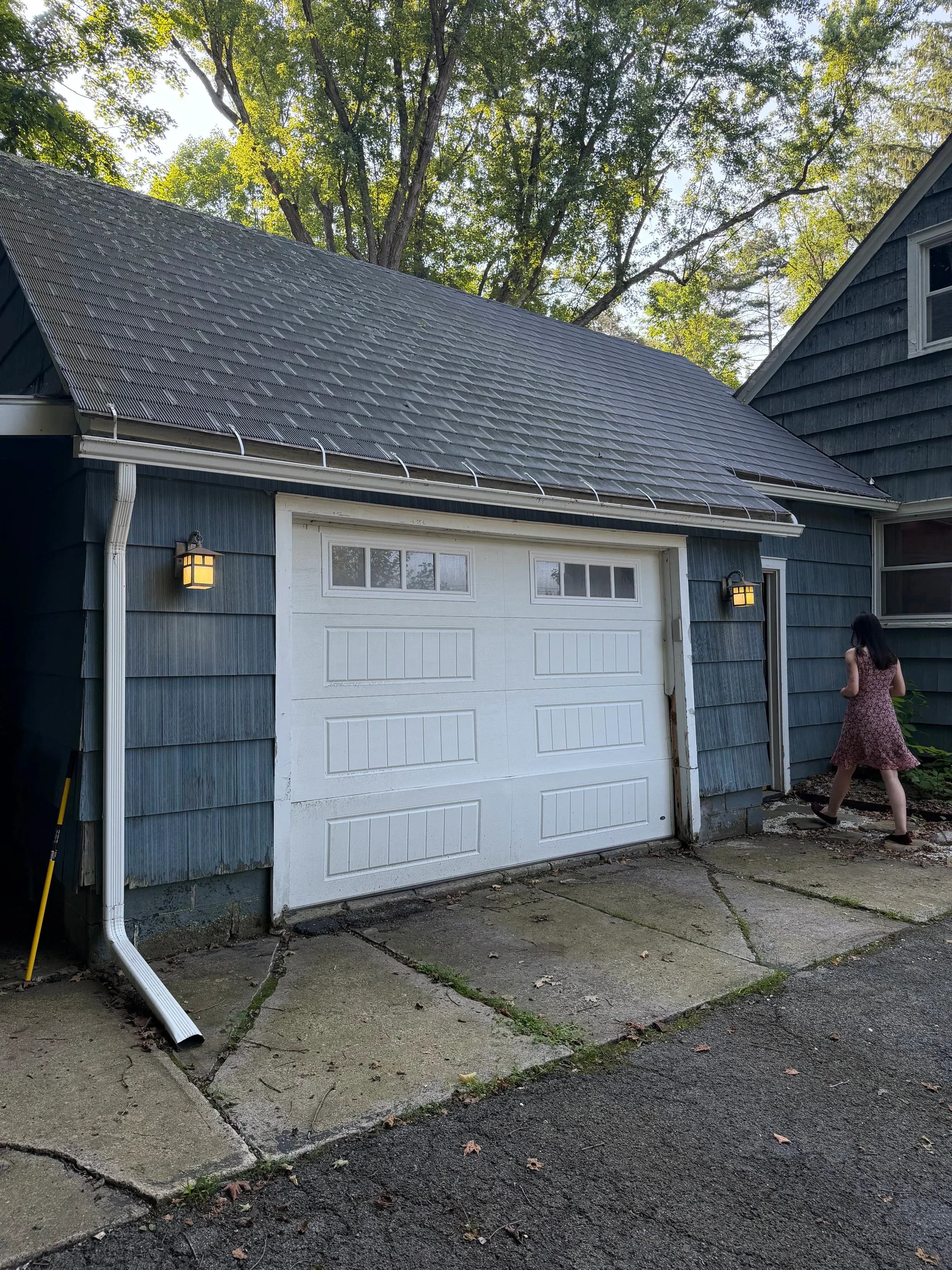 Single Car Garage Exterior New Gutter Downspout Blue House