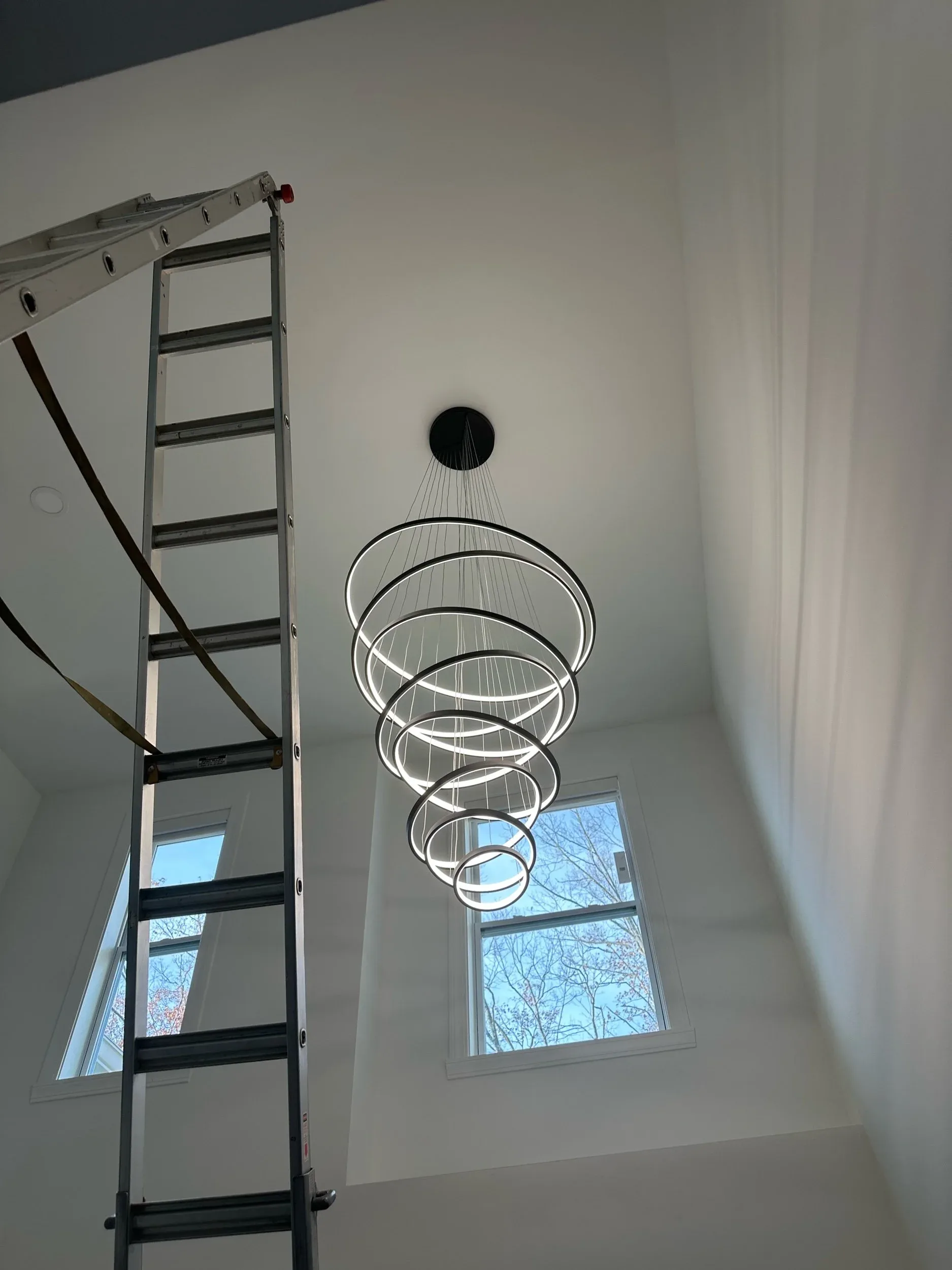 Spiral Ring Chandelier Lit With Ladder Bare Trees