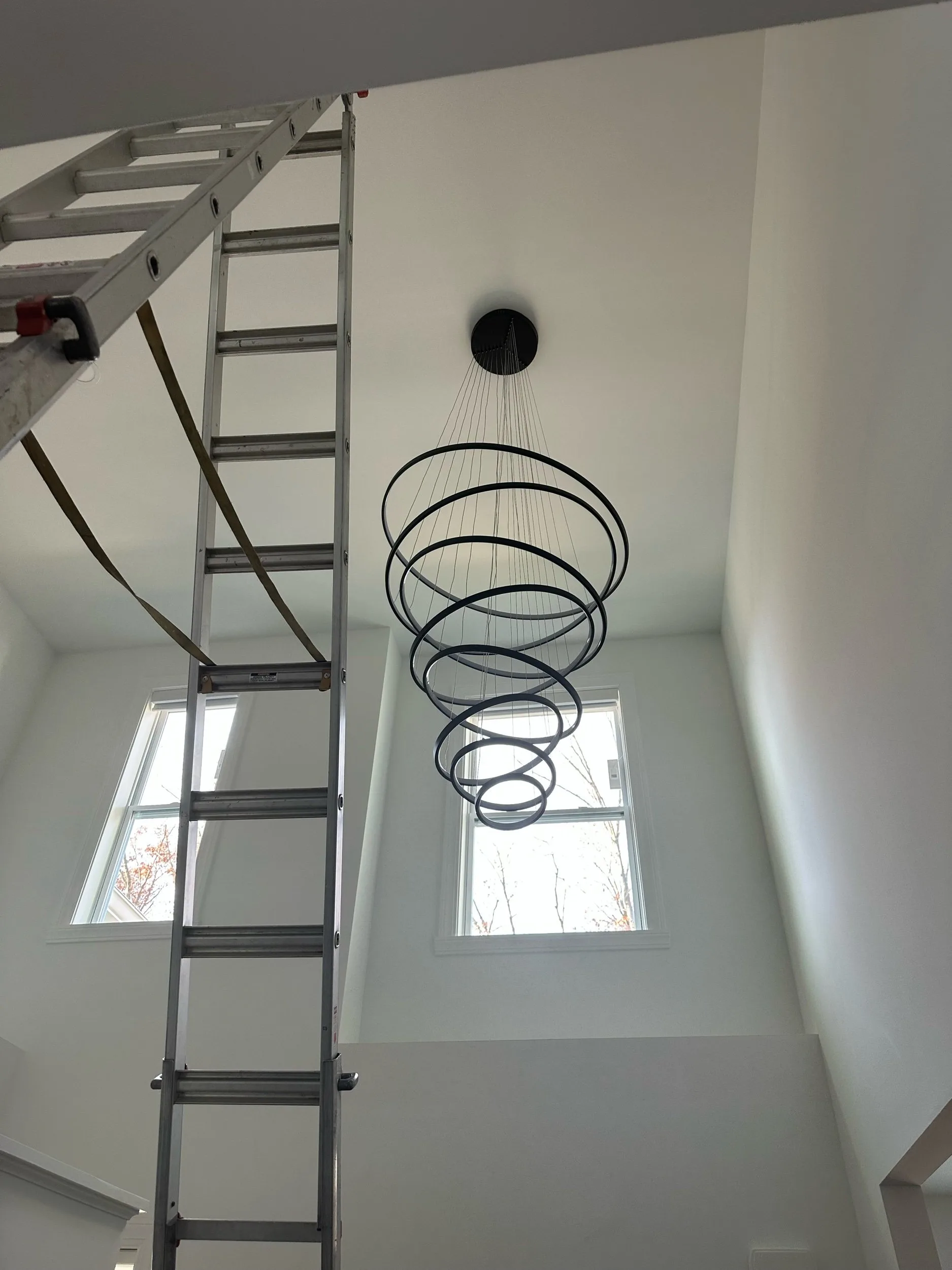 Spiral Ring Chandelier Unlit Installation With Ladder