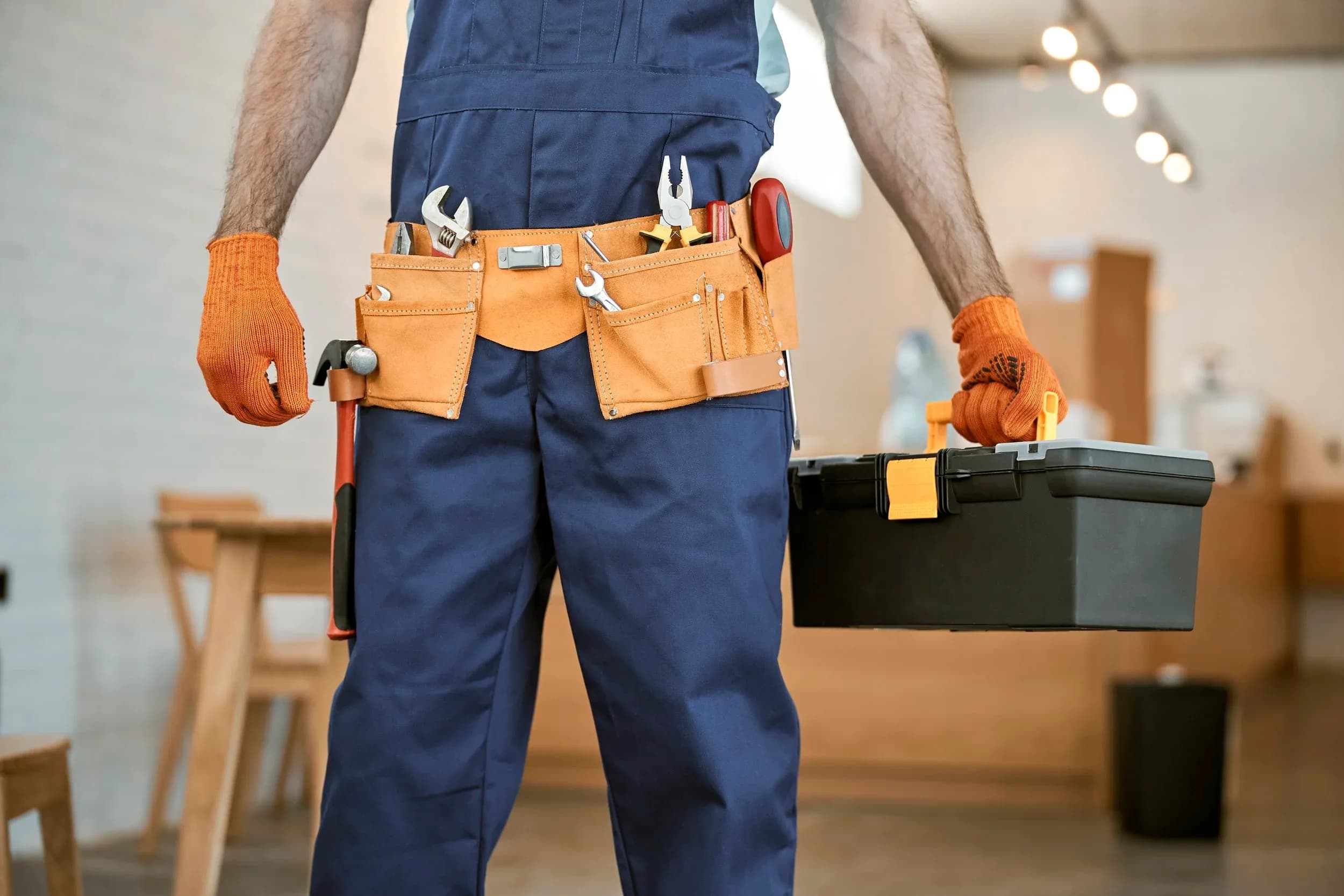Stock Photo Electrician Tool Belt Closeup Holding Toolbox