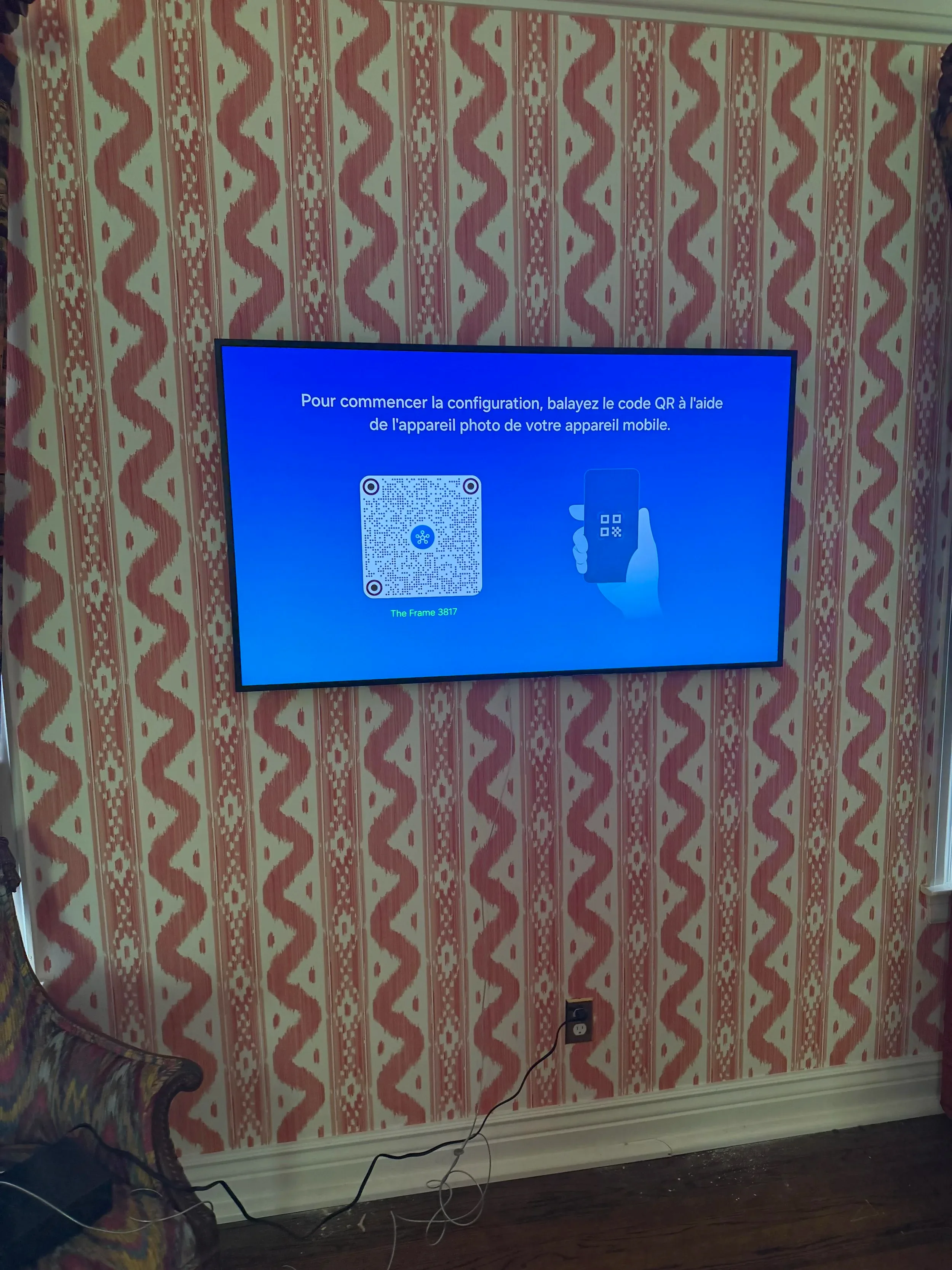Wall Mounted TV Installation Patterned Wallpaper Living Room