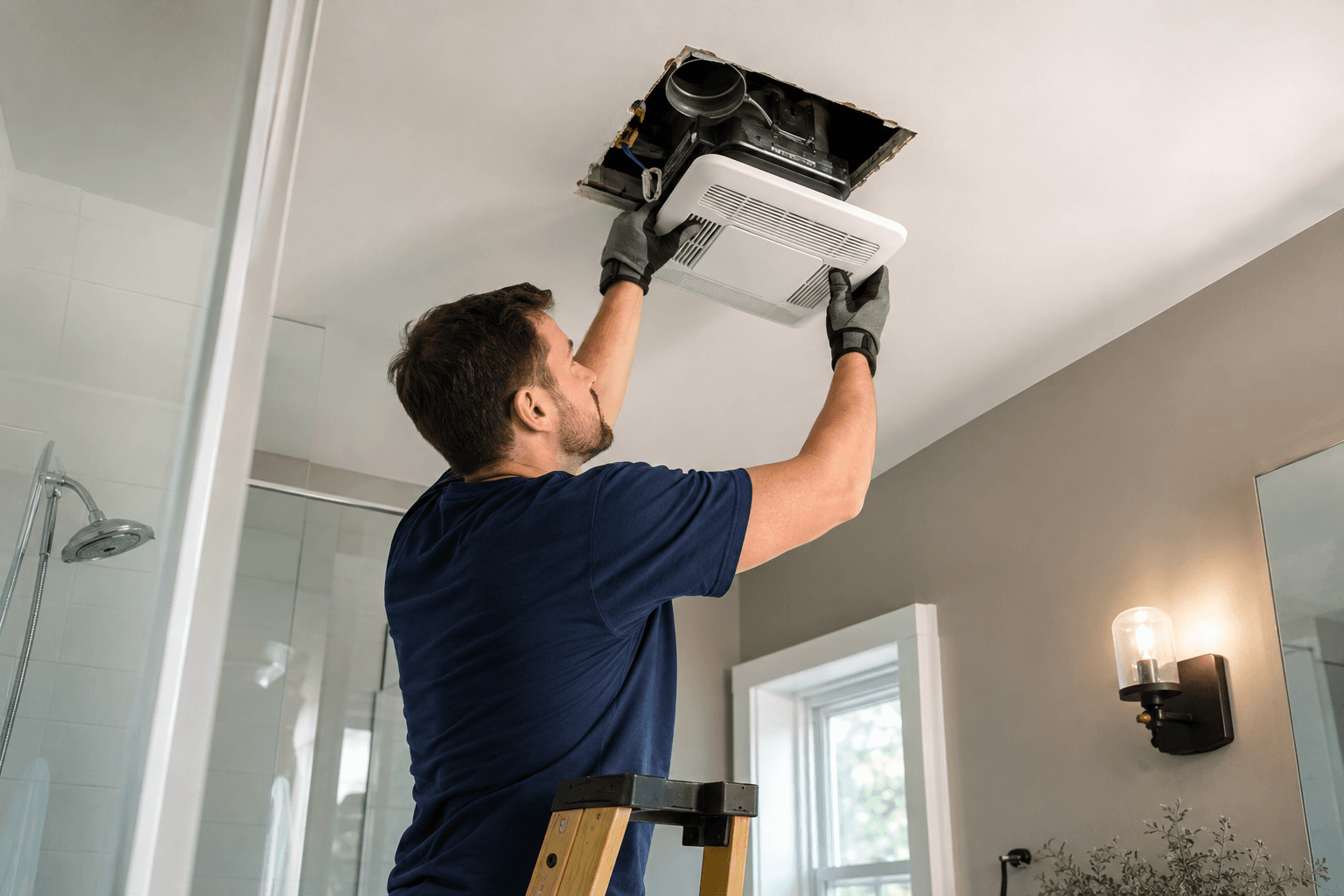 Electrician installing a bathroom exhaust fan in a residential home