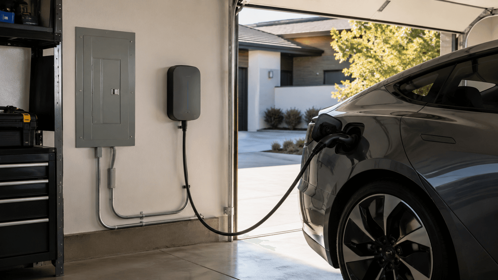 Level 2 EV charger mounted in a home garage next to the electrical panel, charging an electric vehicle