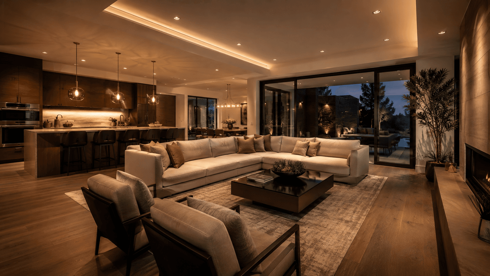 Modern living room with recessed and pendant lighting creating a warm, energy-efficient ambiance