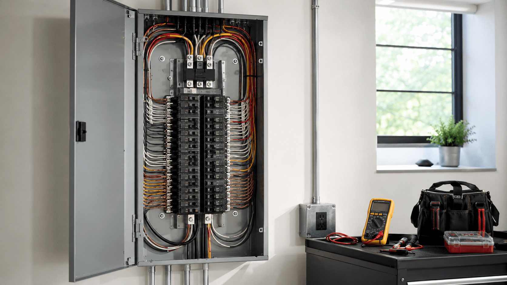 Residential electrical panel with organized circuit breakers and a multimeter used for testing