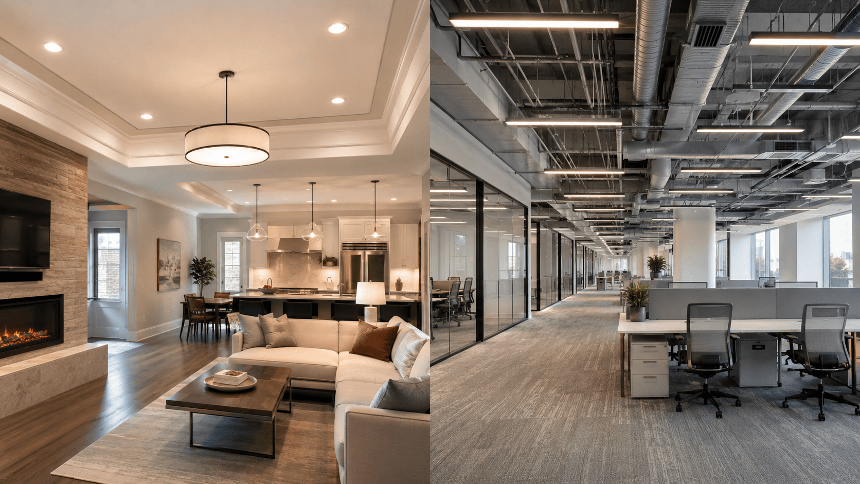 Side-by-side comparison of a residential living room and a commercial open-plan office, illustrating the difference between home and business electrical work