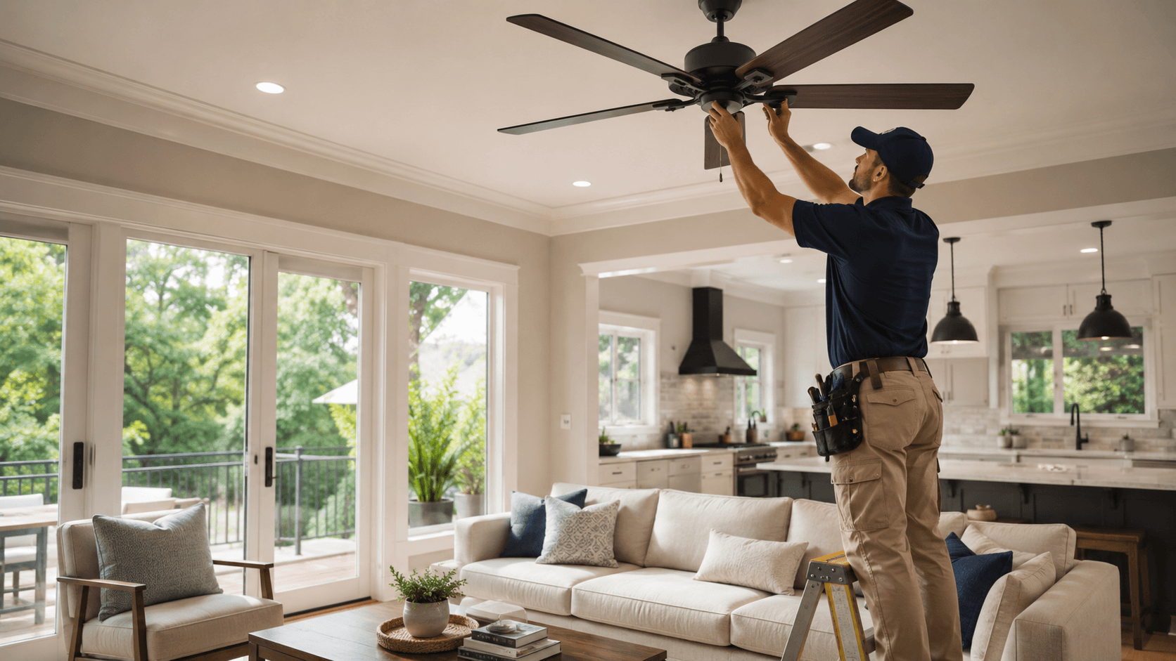 Professional ceiling fan installation in a modern residential home