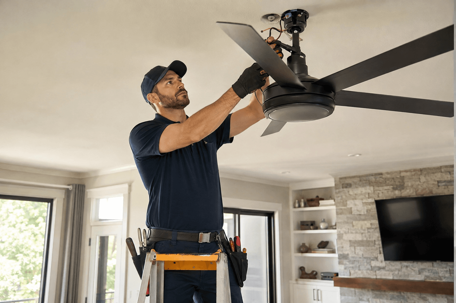 Electrician installing a ceiling fan in a modern home