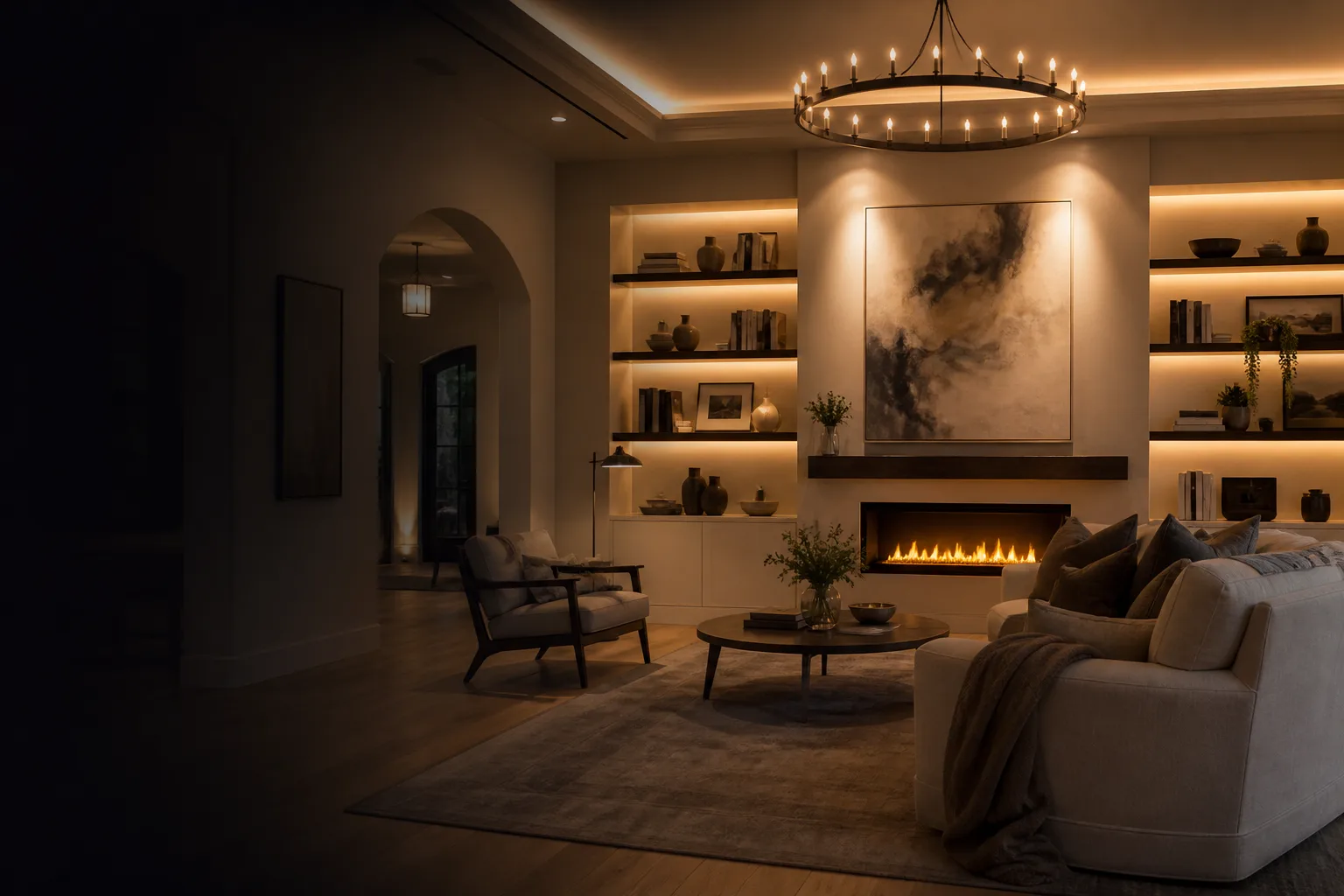 Accent lighting highlighting architectural features in a living room