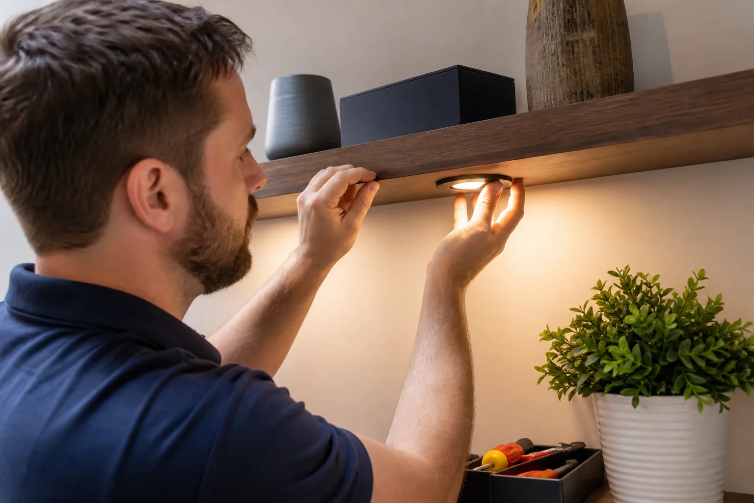 Electrician installing accent lighting in a residential home