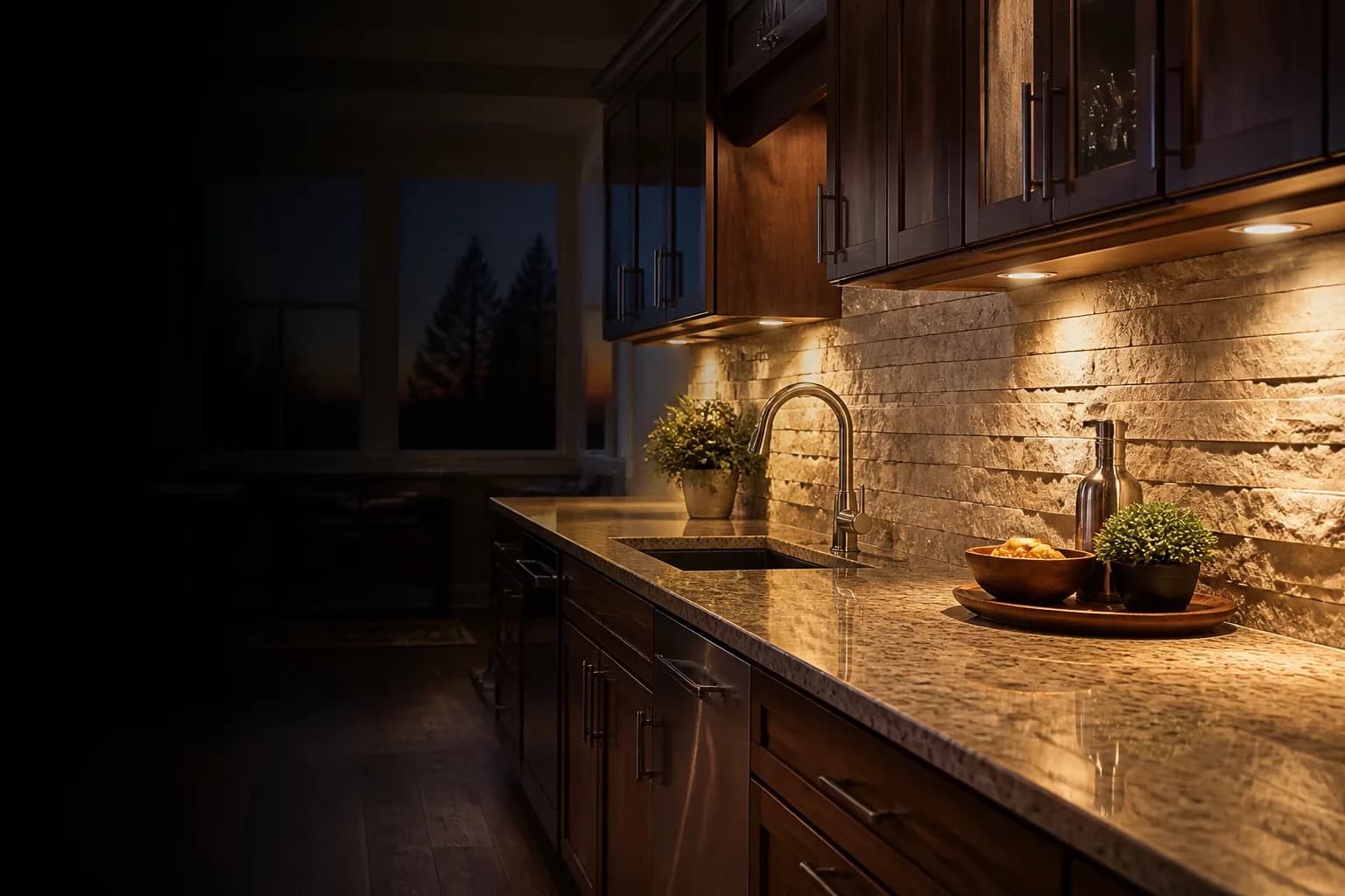 Under-cabinet lighting illuminating a premium kitchen countertop