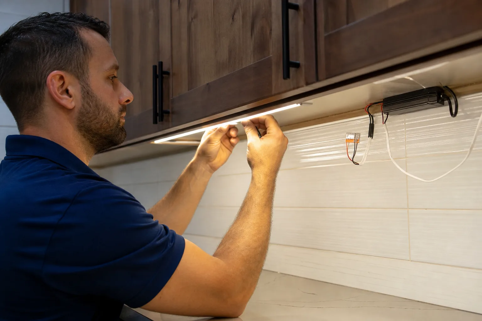 Electrician installing under-cabinet LED lighting in a kitchen