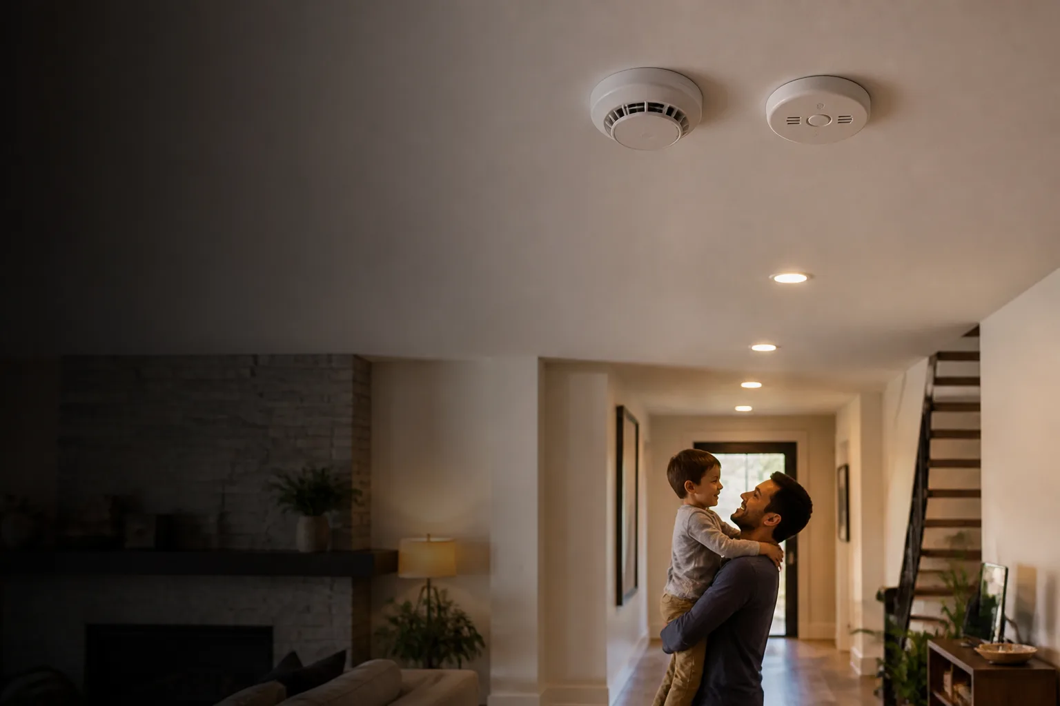 Smoke and carbon monoxide detectors installed in a modern residential home