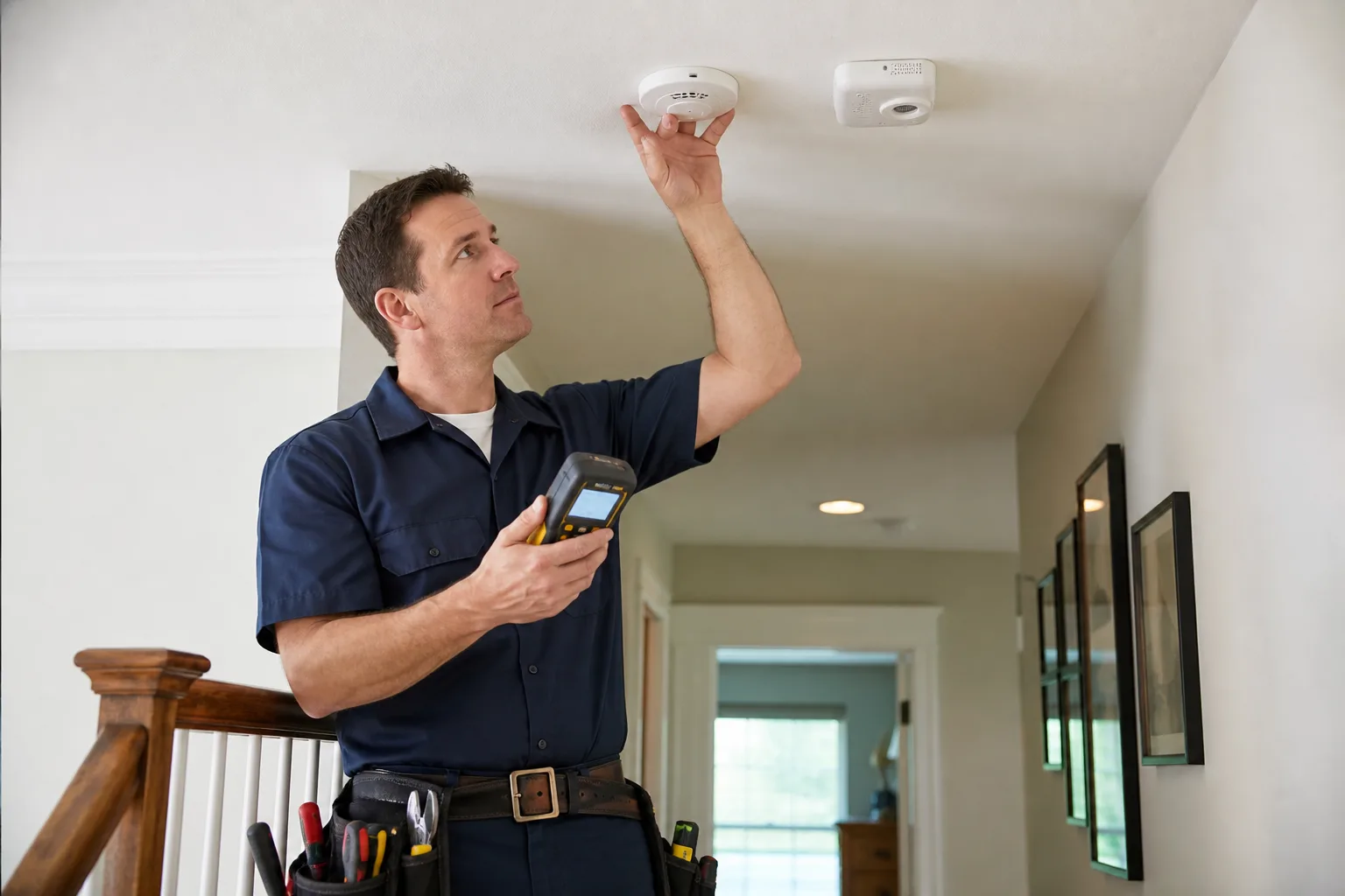 Electrician inspecting smoke and carbon monoxide detectors with a testing device