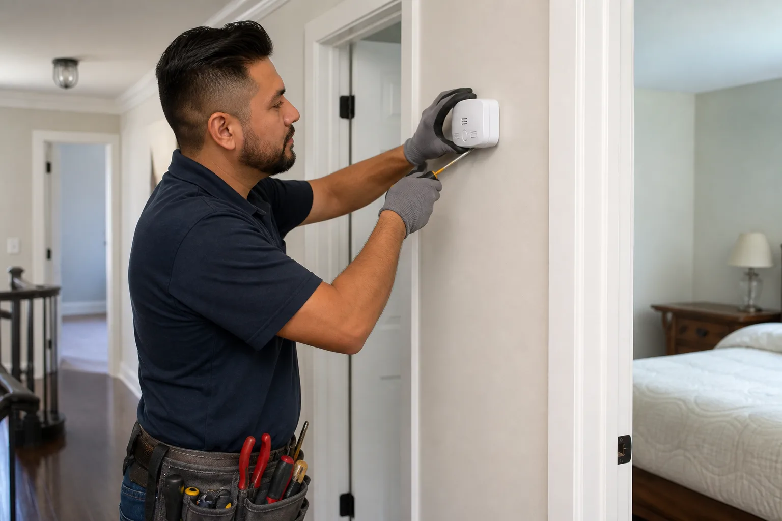 Electrician installing a carbon monoxide detector near a bedroom hallway
