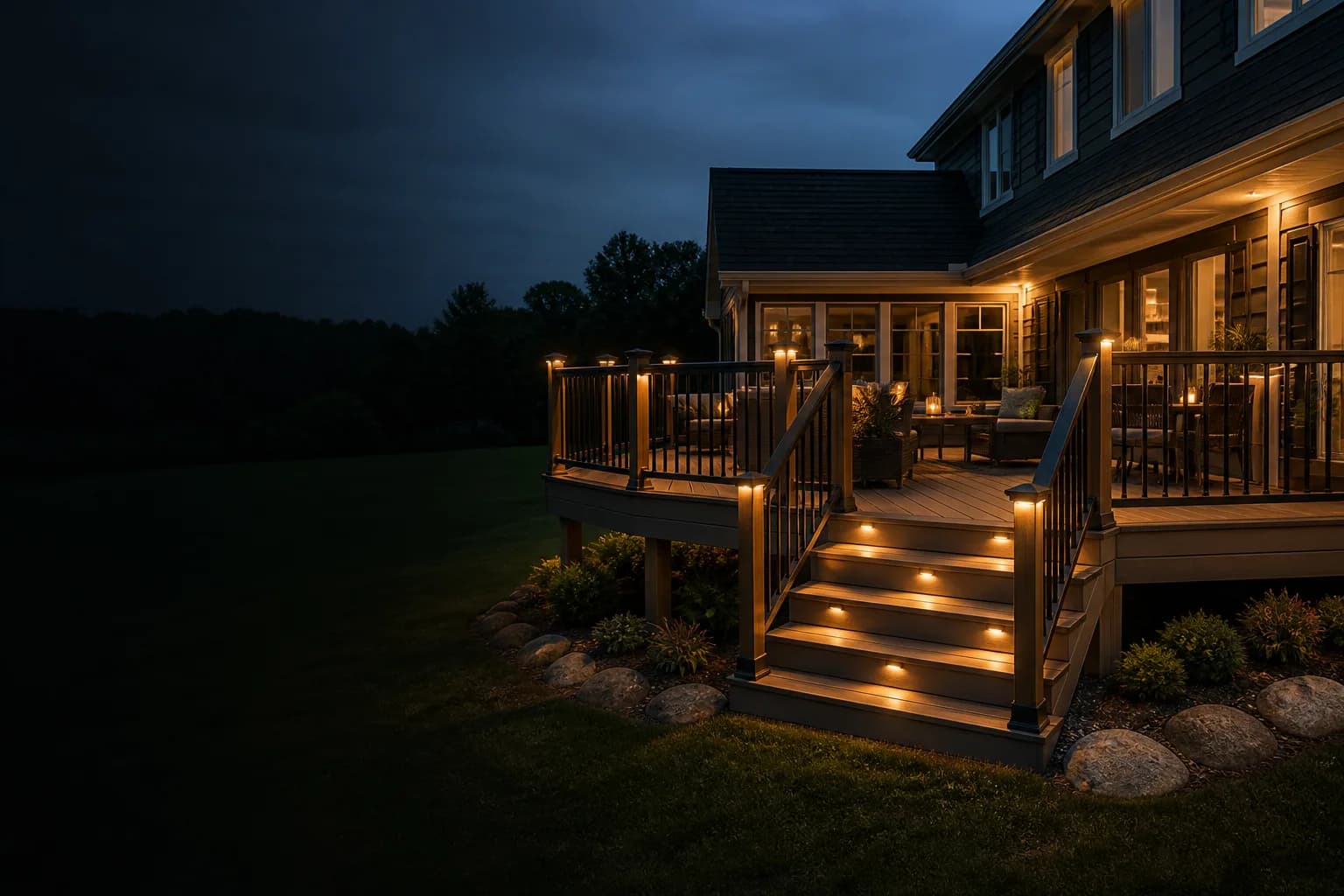 Professionally installed deck lighting on an upscale residential deck at dusk