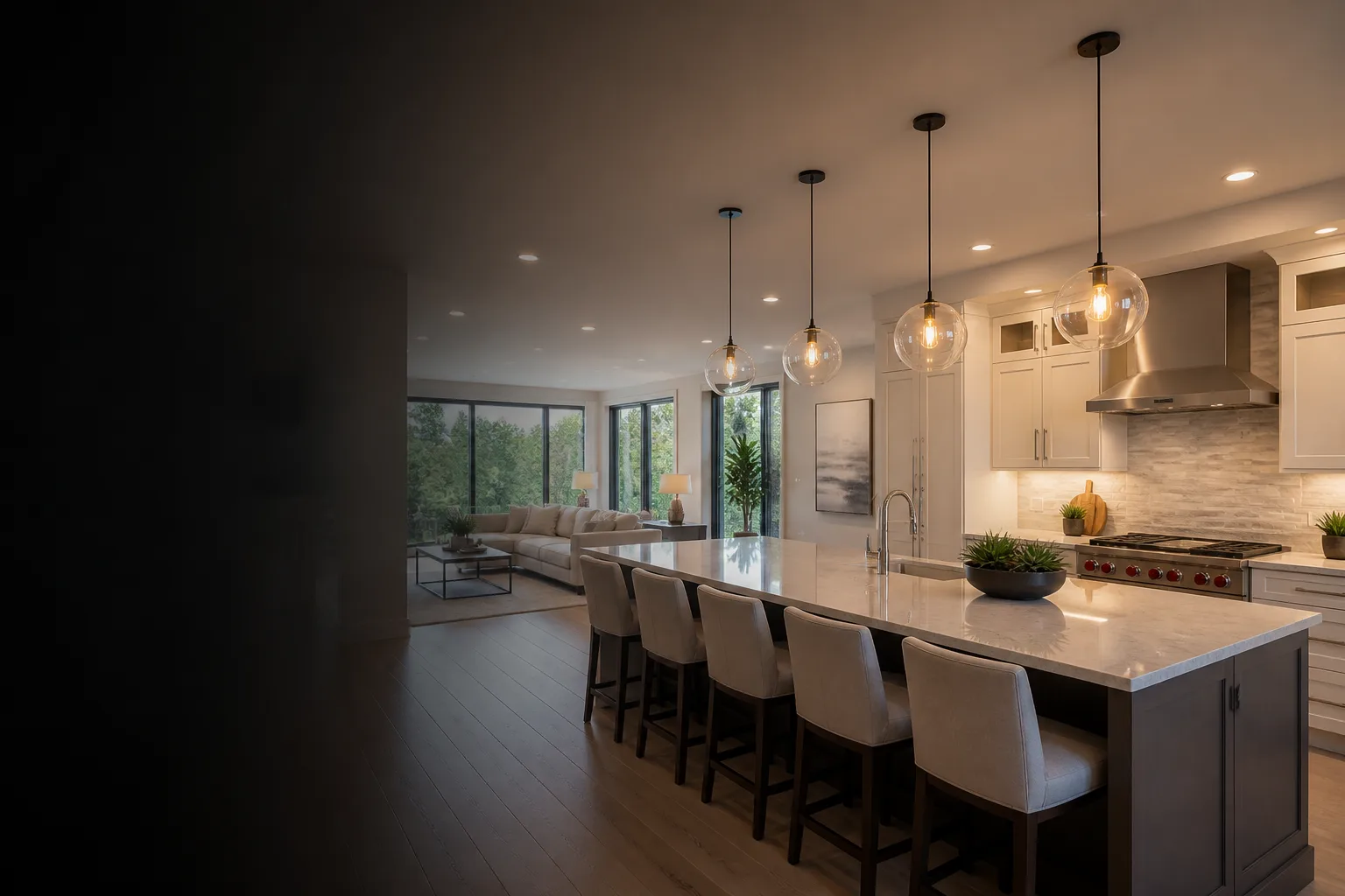 Energy-efficient lighting in a bright, sustainable modern home interior