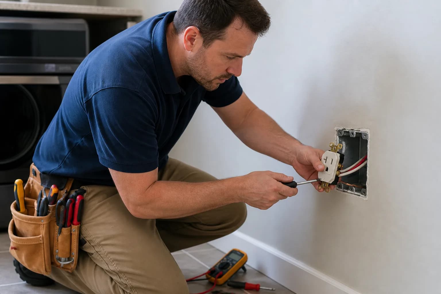 Electrician installing a dedicated outlet for a large household appliance
