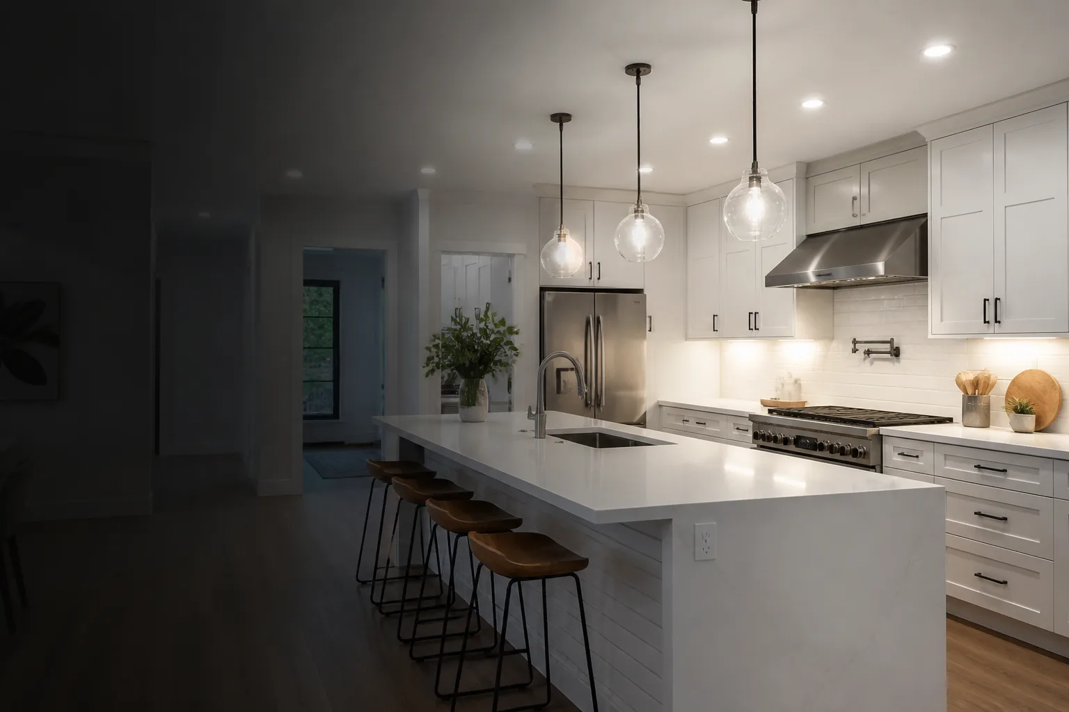 Bright modern home interior lit with energy-efficient LED lighting