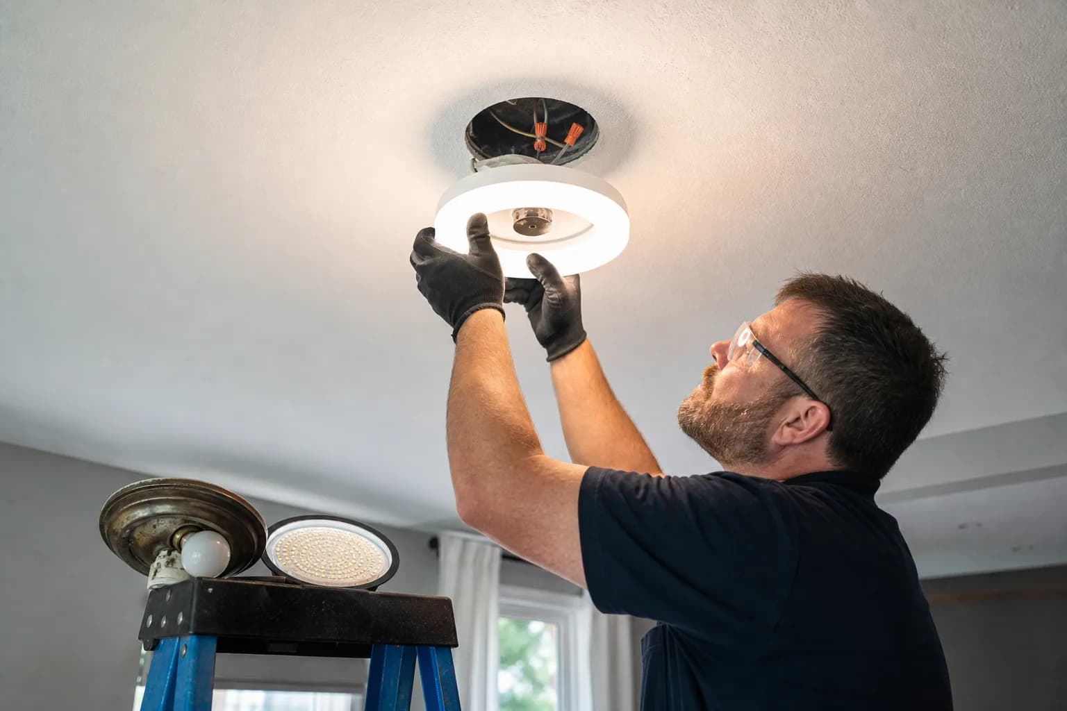 Electrician installing residential LED light fixtures
