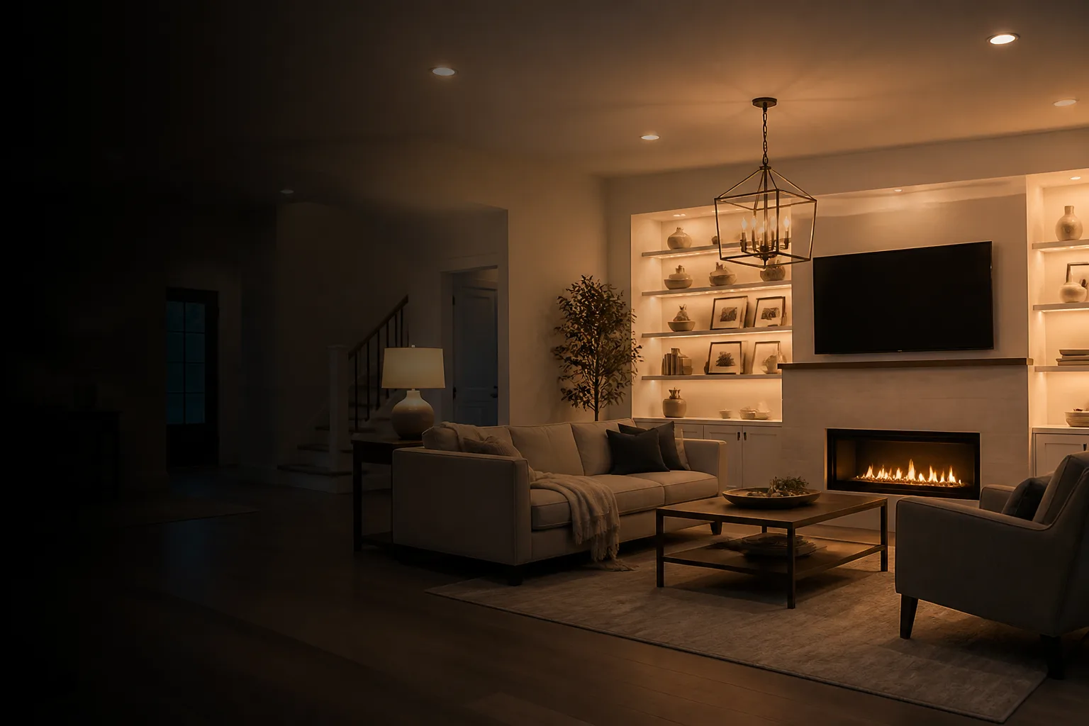 Warm dimmable lighting in an elegant residential living room
