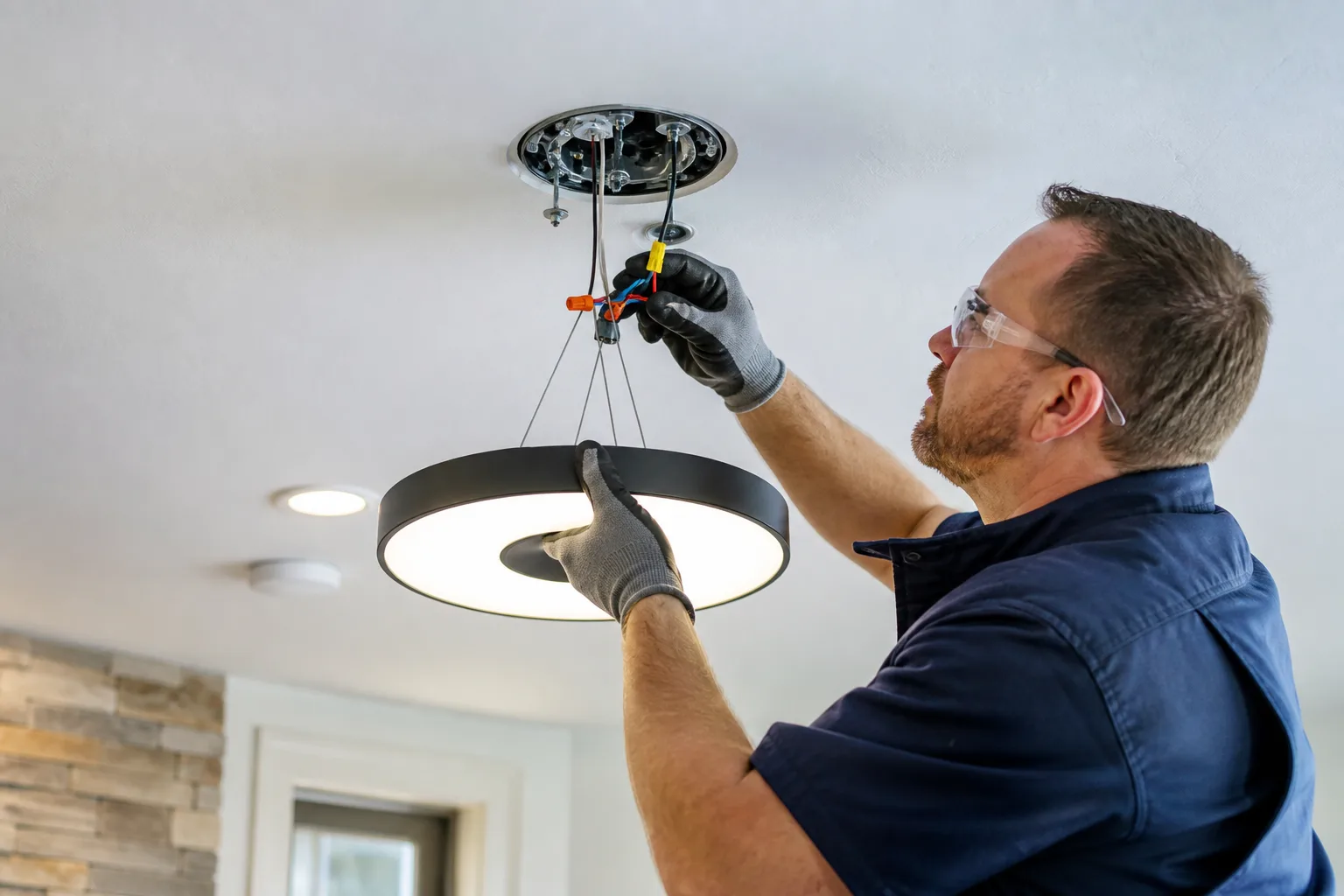 Electrician replacing a residential light fixture