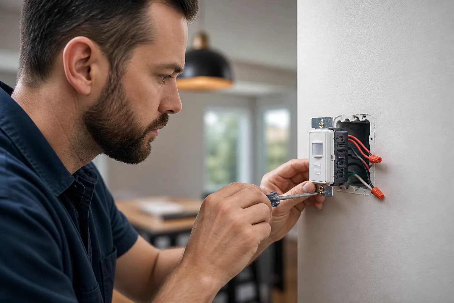 Electrician installing a residential light sensor switch