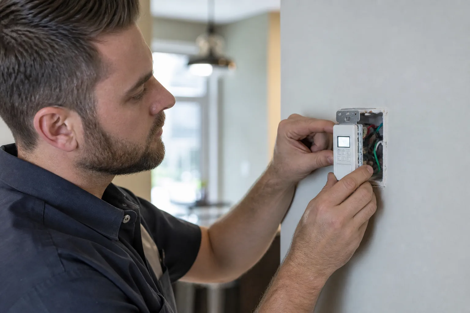 Electrician installing a digital light timer switch